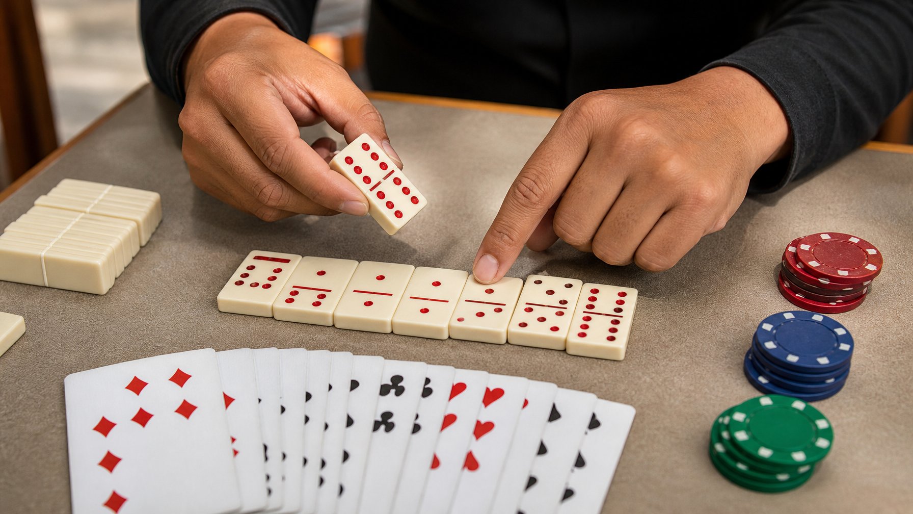 Tangan sedang menganalisis susunan kartu domino dan nilai titiknya di atas meja permainan.