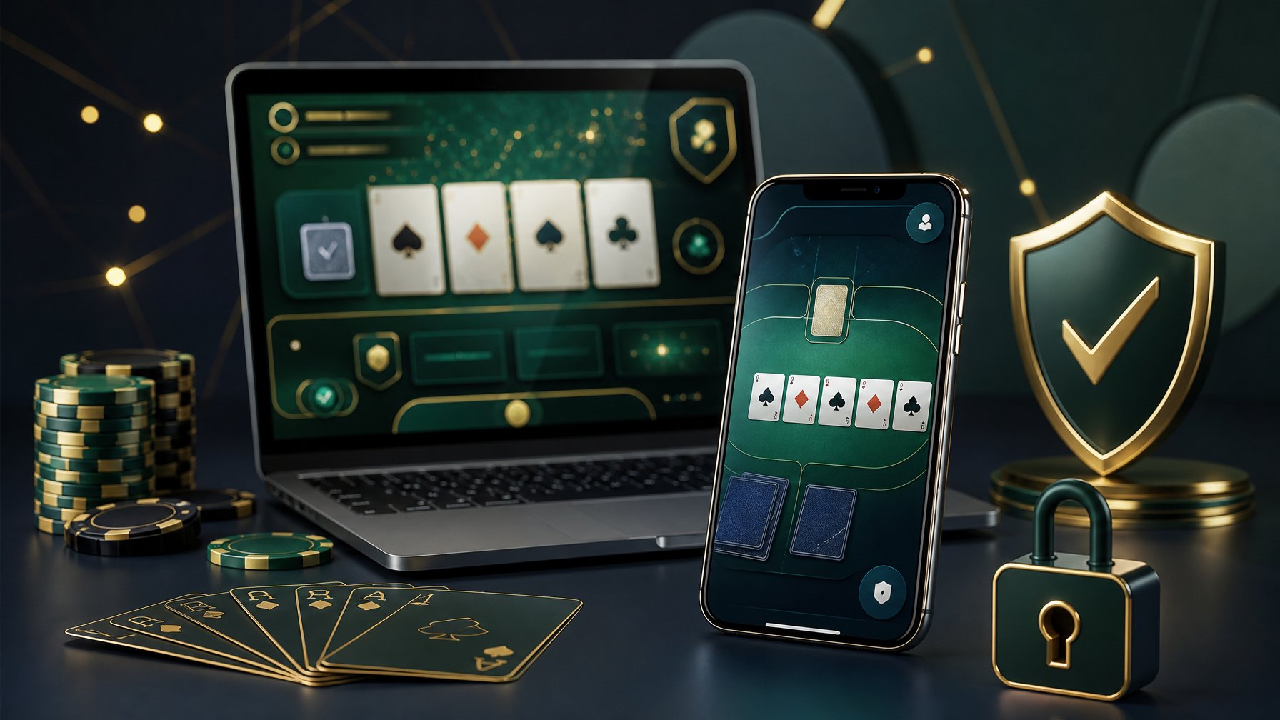 Perangkat digital menampilkan permainan kartu abstrak dengan simbol keamanan, kartu, dan chip di atas meja modern.