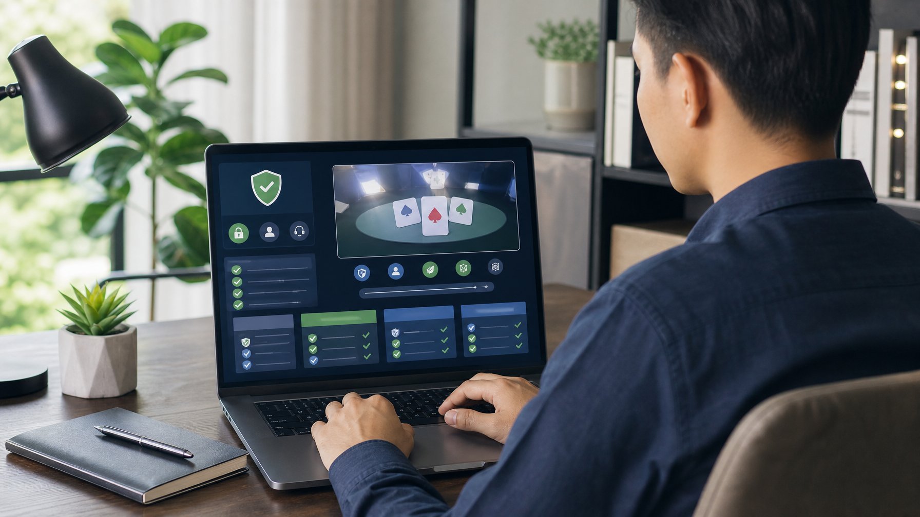 Orang dewasa meninjau platform permainan daring yang aman menggunakan laptop di ruang kerja modern.