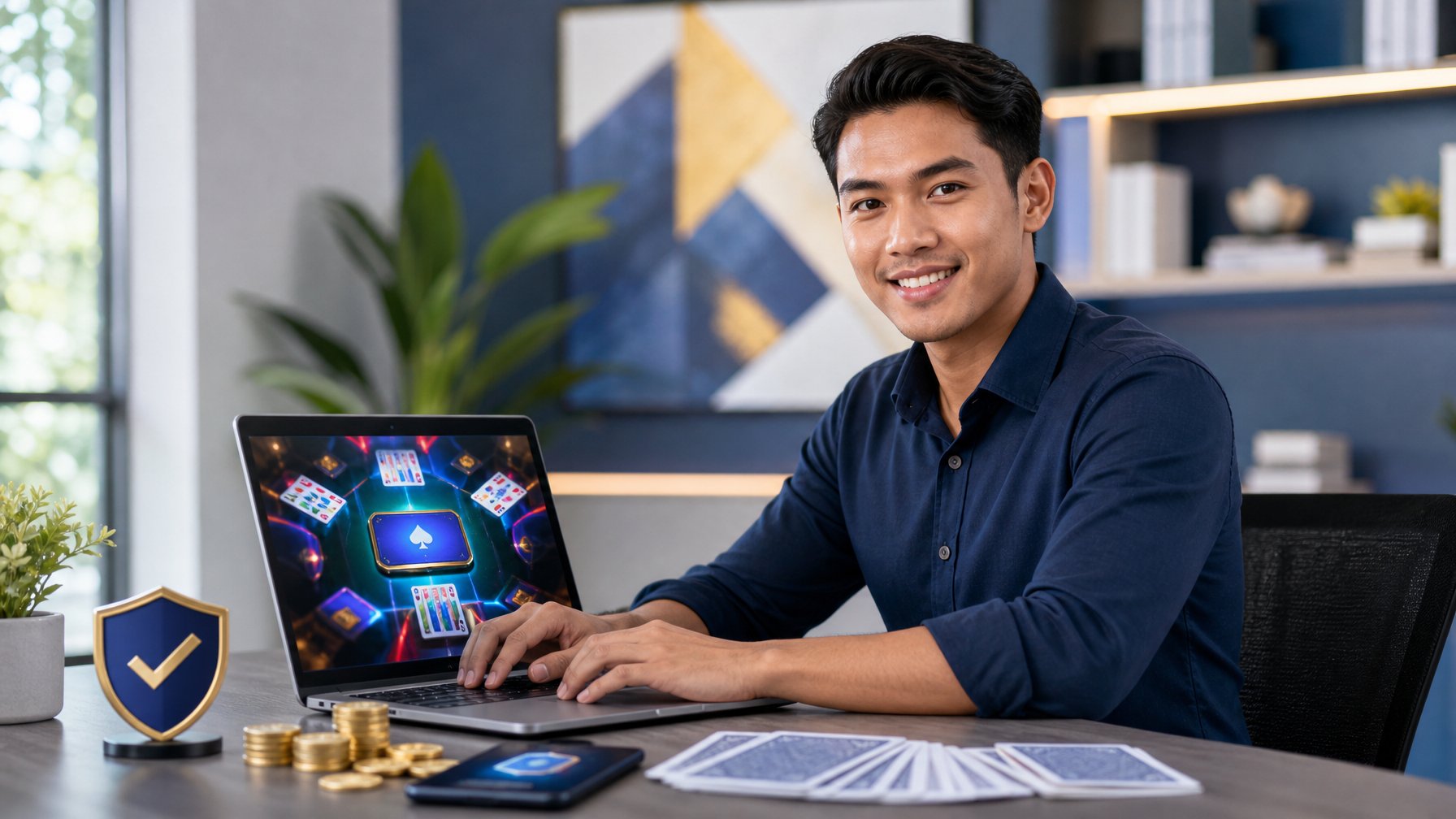 Seorang profesional menggunakan laptop dengan kartu permainan, ponsel, dan simbol keamanan pembayaran di meja kerja modern.