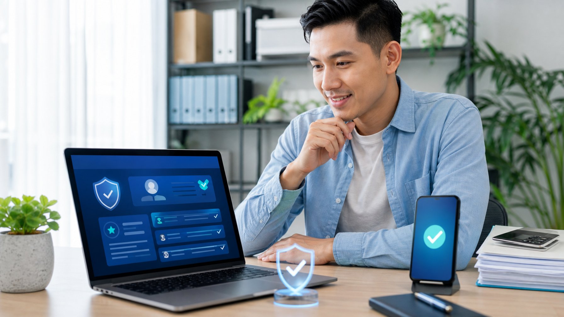 Seorang profesional memeriksa platform permainan daring dan konfirmasi pembayaran di meja kerja.