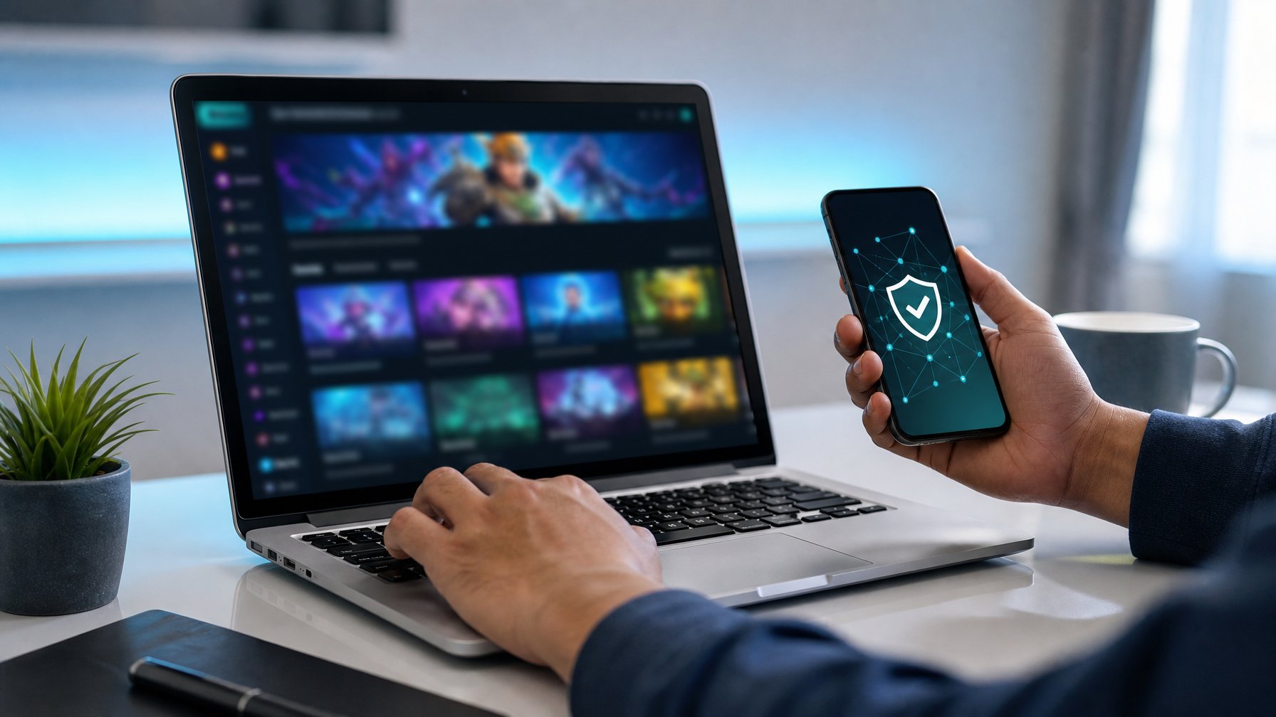 Tangan pengguna mengoperasikan laptop dan ponsel dengan tampilan platform digital abstrak serta ikon keamanan.