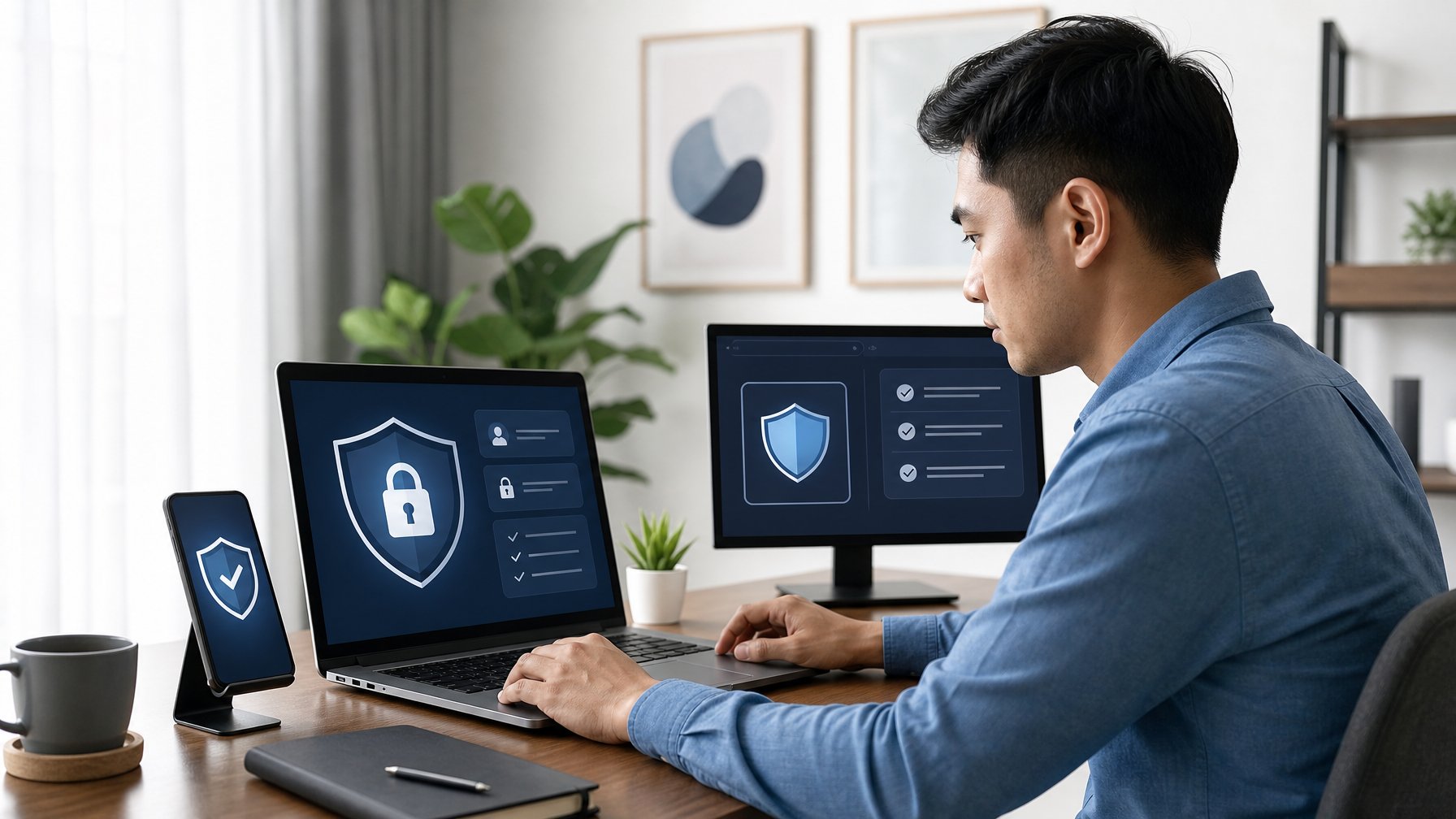 Seseorang memeriksa keamanan akses situs pada laptop dengan simbol perisai dan gembok di meja kerja.