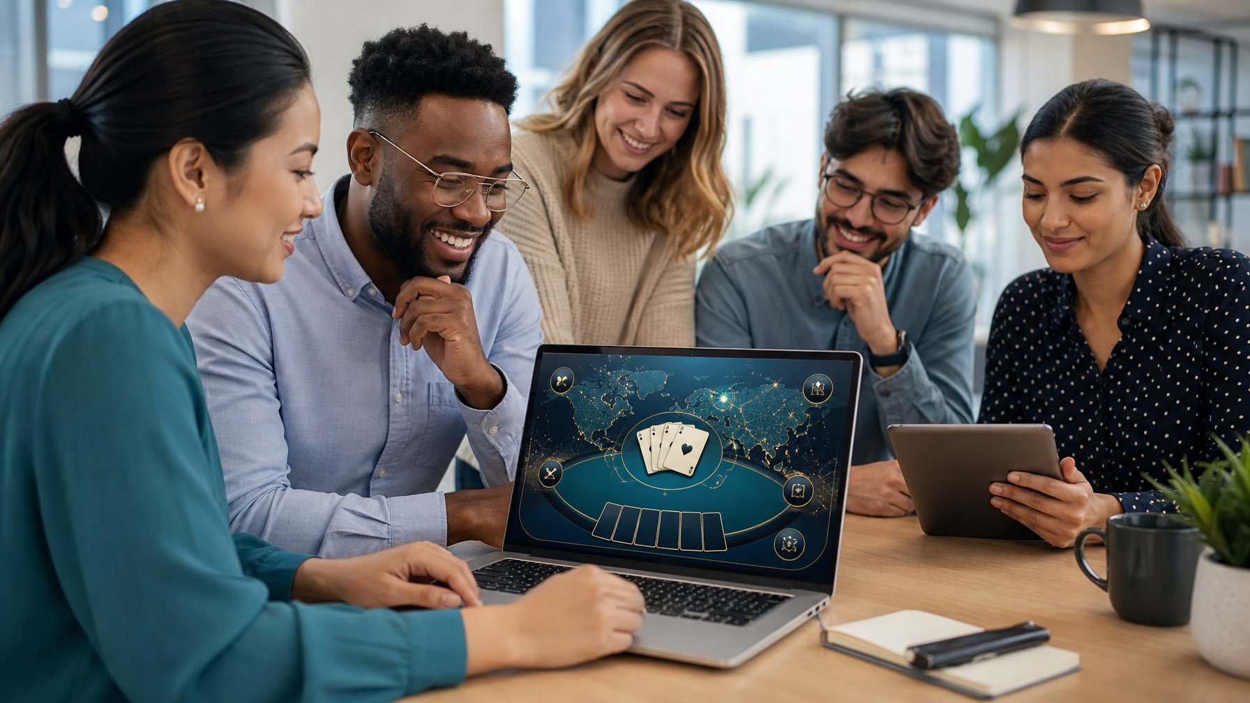 Sekelompok orang meninjau platform permainan online di ruang kerja modern.