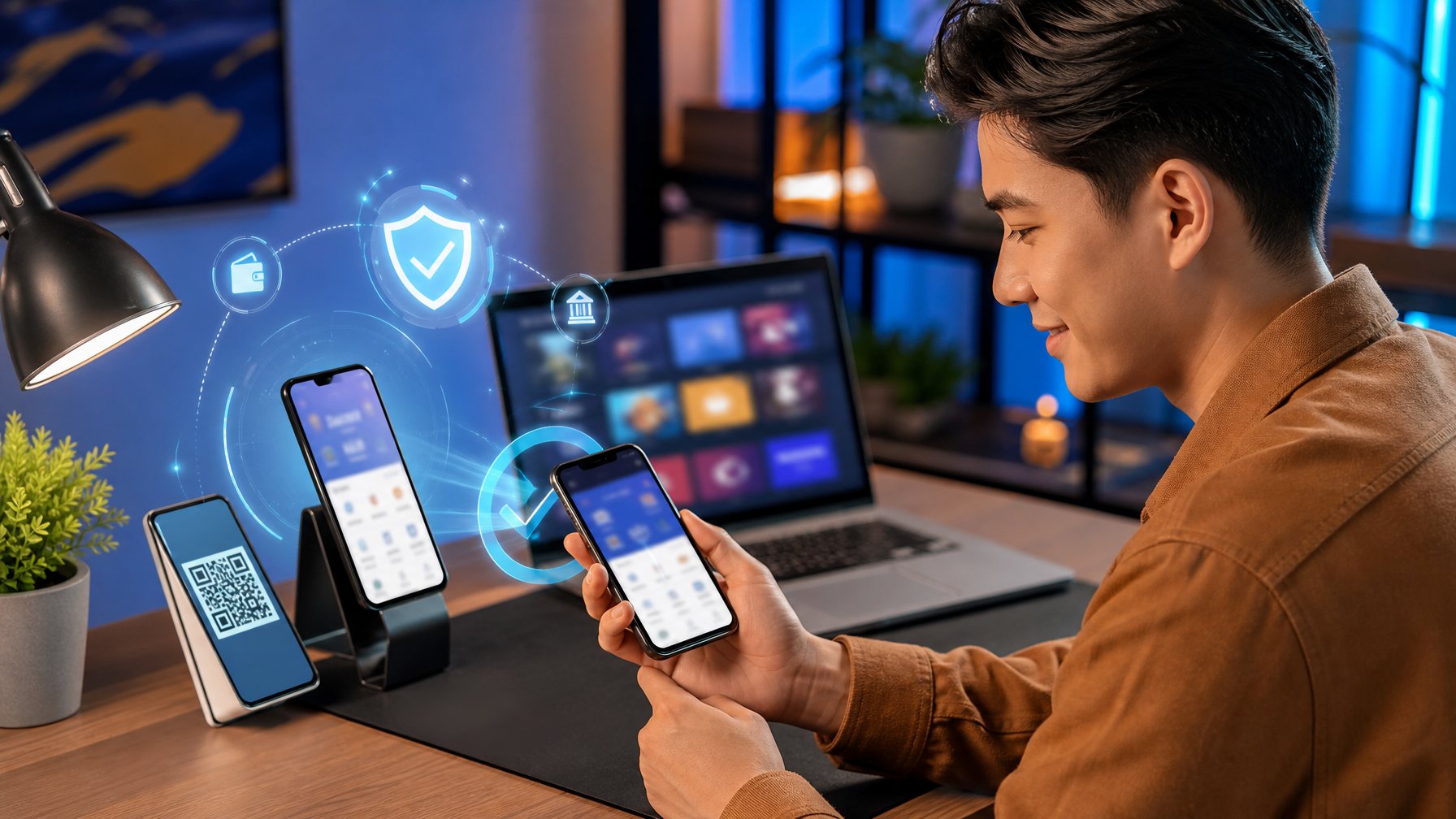 Pengguna menggunakan ponsel untuk pembayaran digital dengan QR dan dompet elektronik di meja kerja modern.