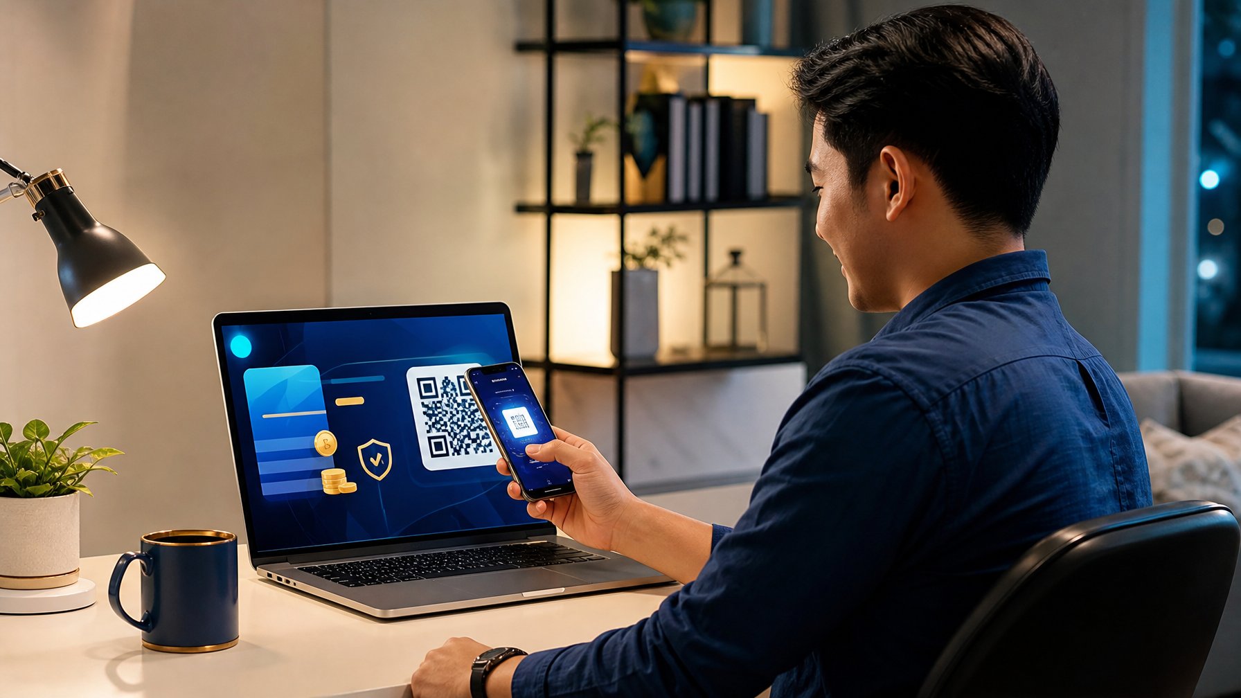 Seseorang menggunakan ponsel untuk memindai kode QR di laptop dalam suasana kerja modern.
