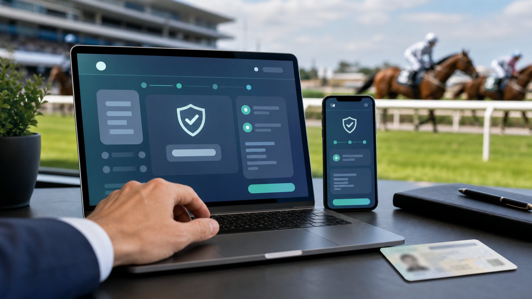 Seseorang menggunakan laptop dan ponsel untuk mendaftar pada platform balap kuda yang aman, dengan arena balap kuda di latar belakang.