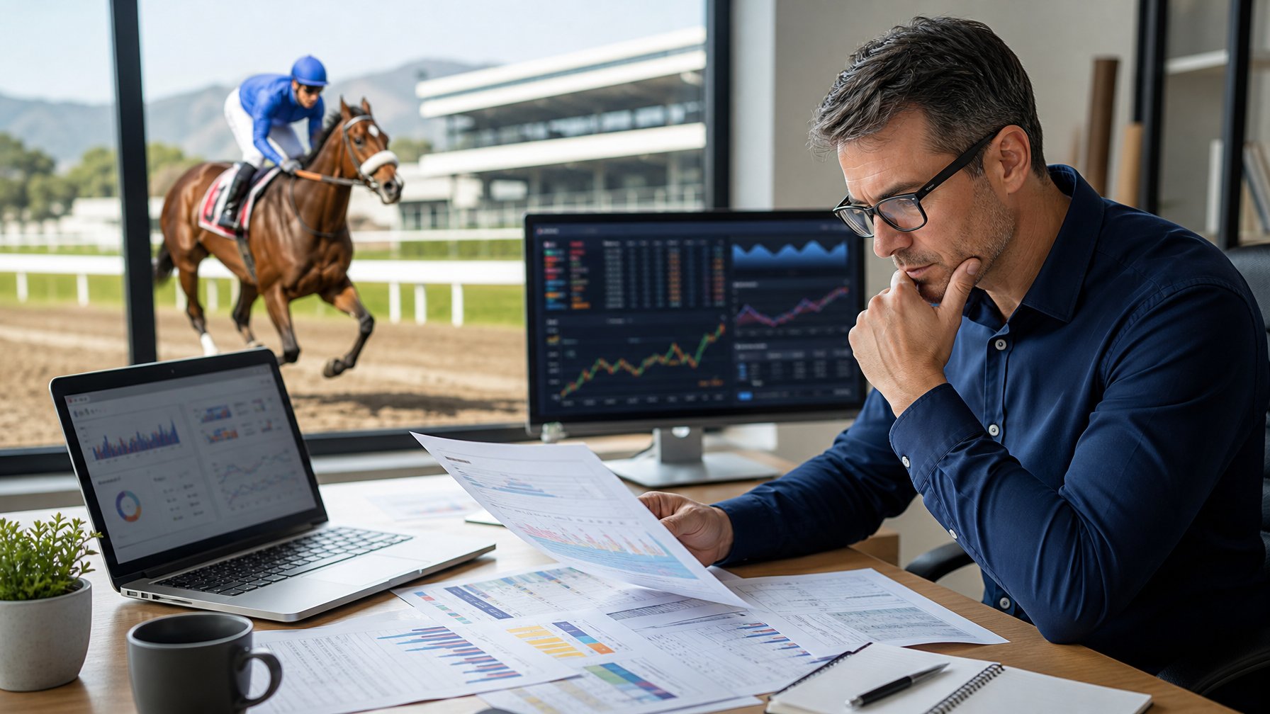 Seorang analis memeriksa data performa kuda dan joki di meja kerja dengan latar arena pacuan kuda.