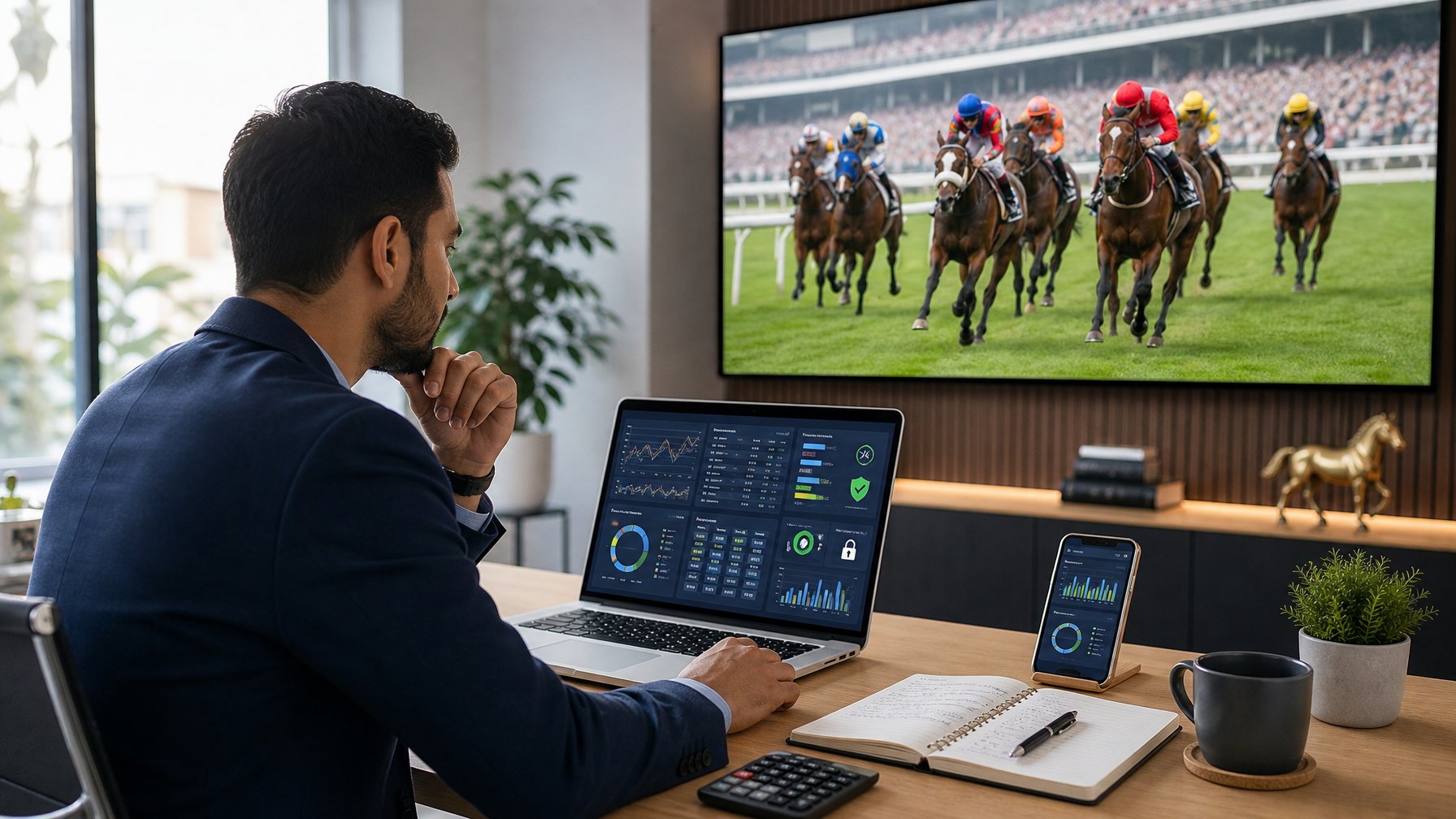 Analis dewasa meninjau data platform balap kuda daring di laptop, dengan layar latar menampilkan kuda yang sedang berpacu.