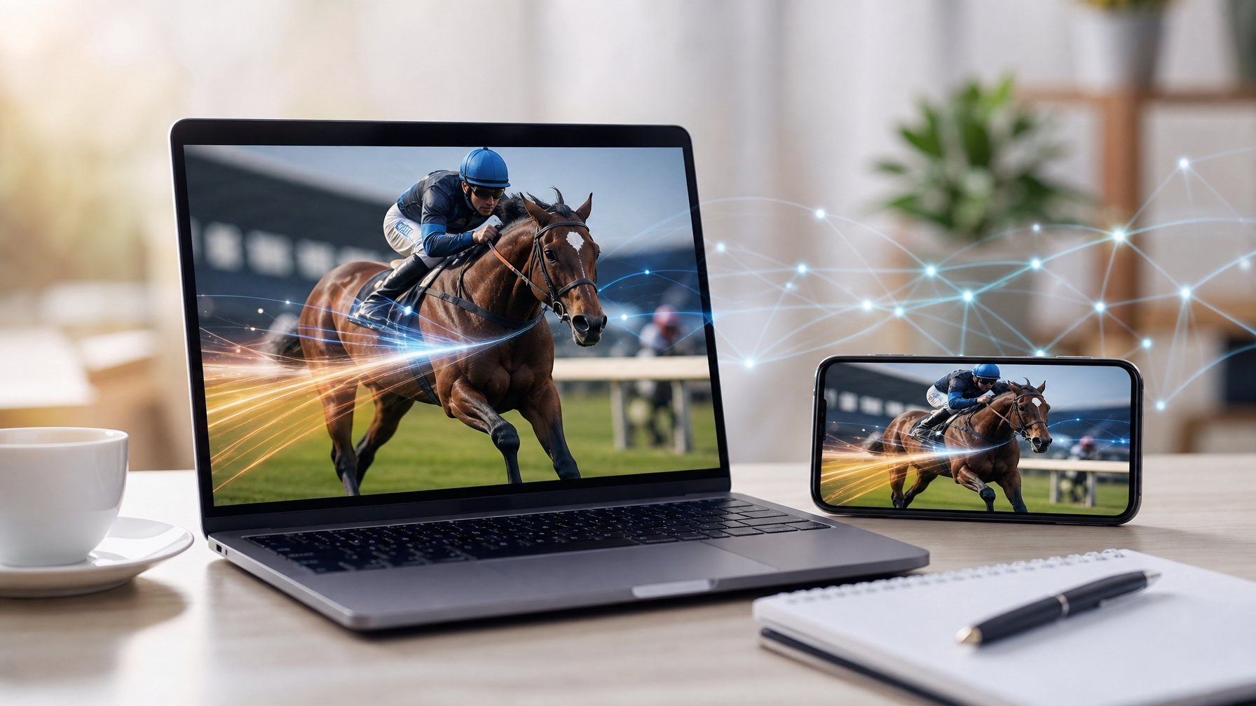 Laptop dan ponsel menampilkan balapan kuda dengan ilustrasi koneksi digital yang cepat.