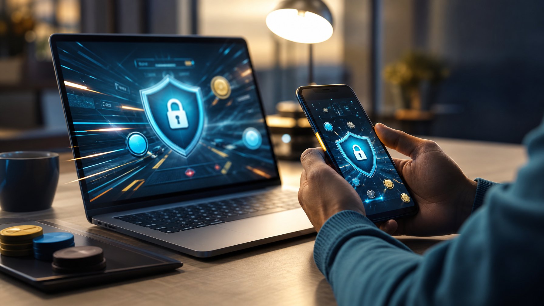 Meja modern dengan laptop dan ponsel yang menampilkan antarmuka permainan digital abstrak serta simbol keamanan.