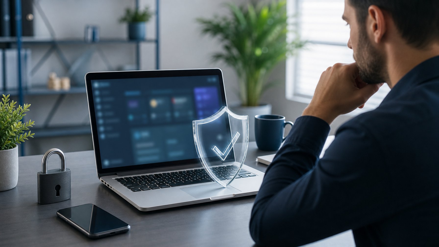 Analis memeriksa laptop dan ponsel dengan simbol perisai serta gembok yang melambangkan keamanan platform digital.