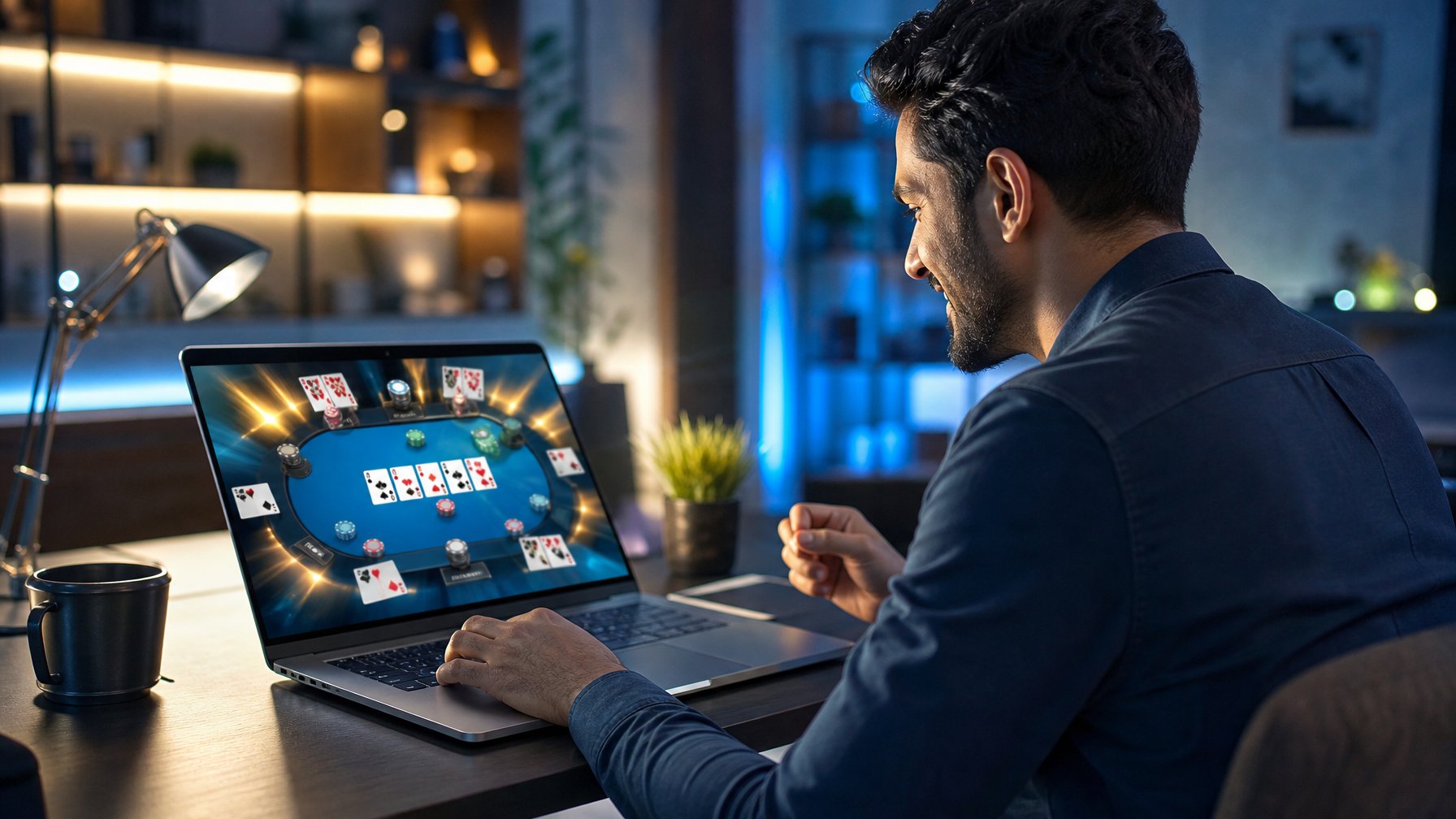 Orang dewasa sedang memainkan permainan kartu digital di laptop dalam suasana modern.