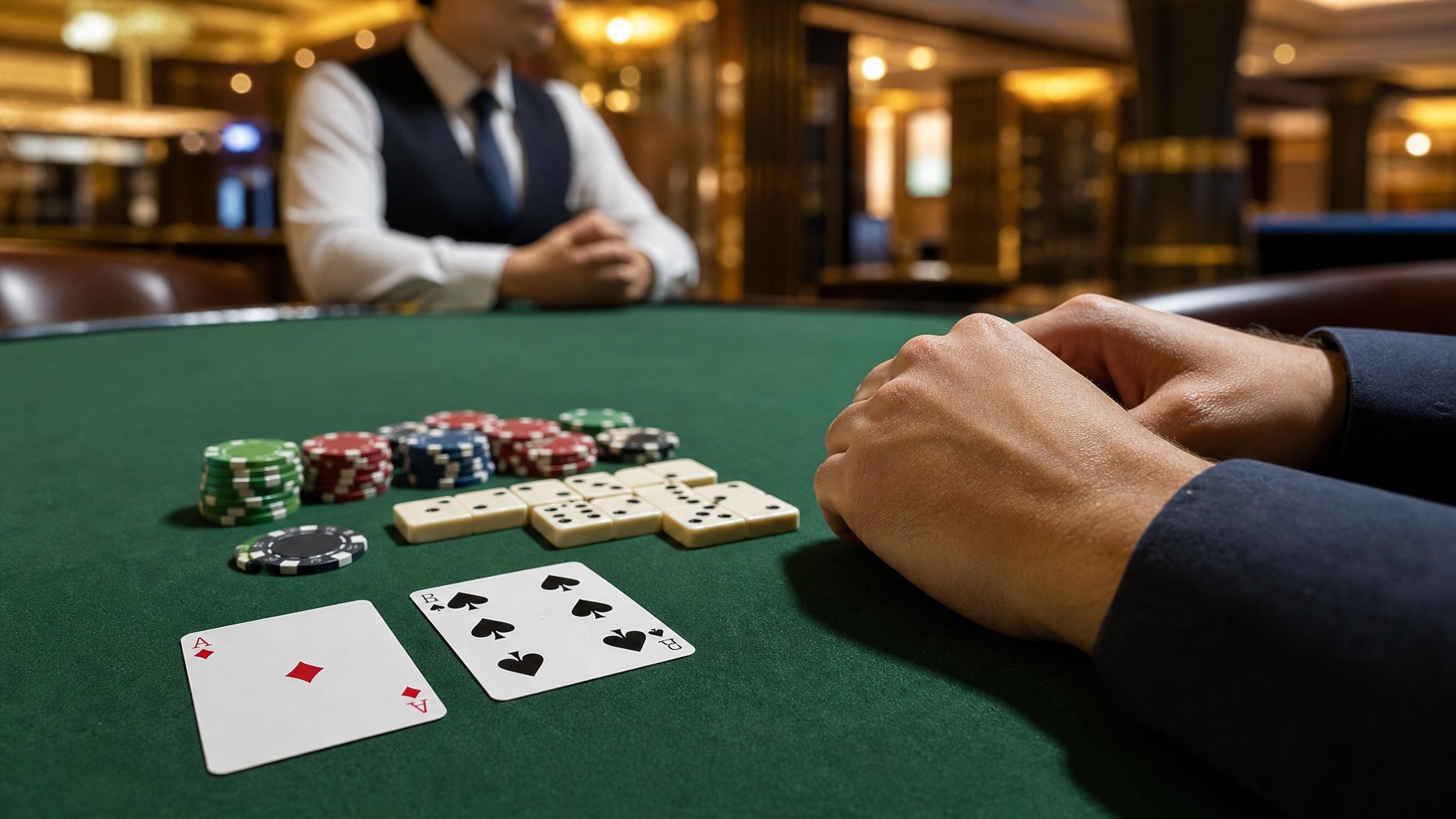 Meja permainan kasino dengan kartu, keping domino, dan beberapa koin taruhan di atas kain hijau.