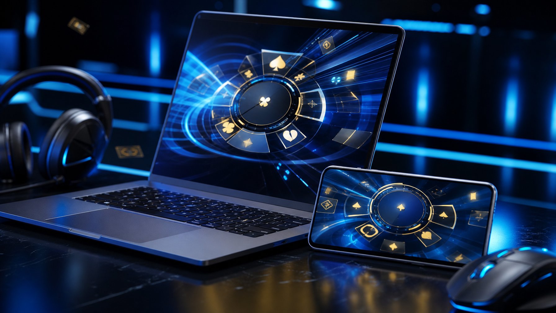 Laptop dan ponsel menampilkan antarmuka permainan digital abstrak dengan efek cahaya yang menggambarkan putaran cepat.