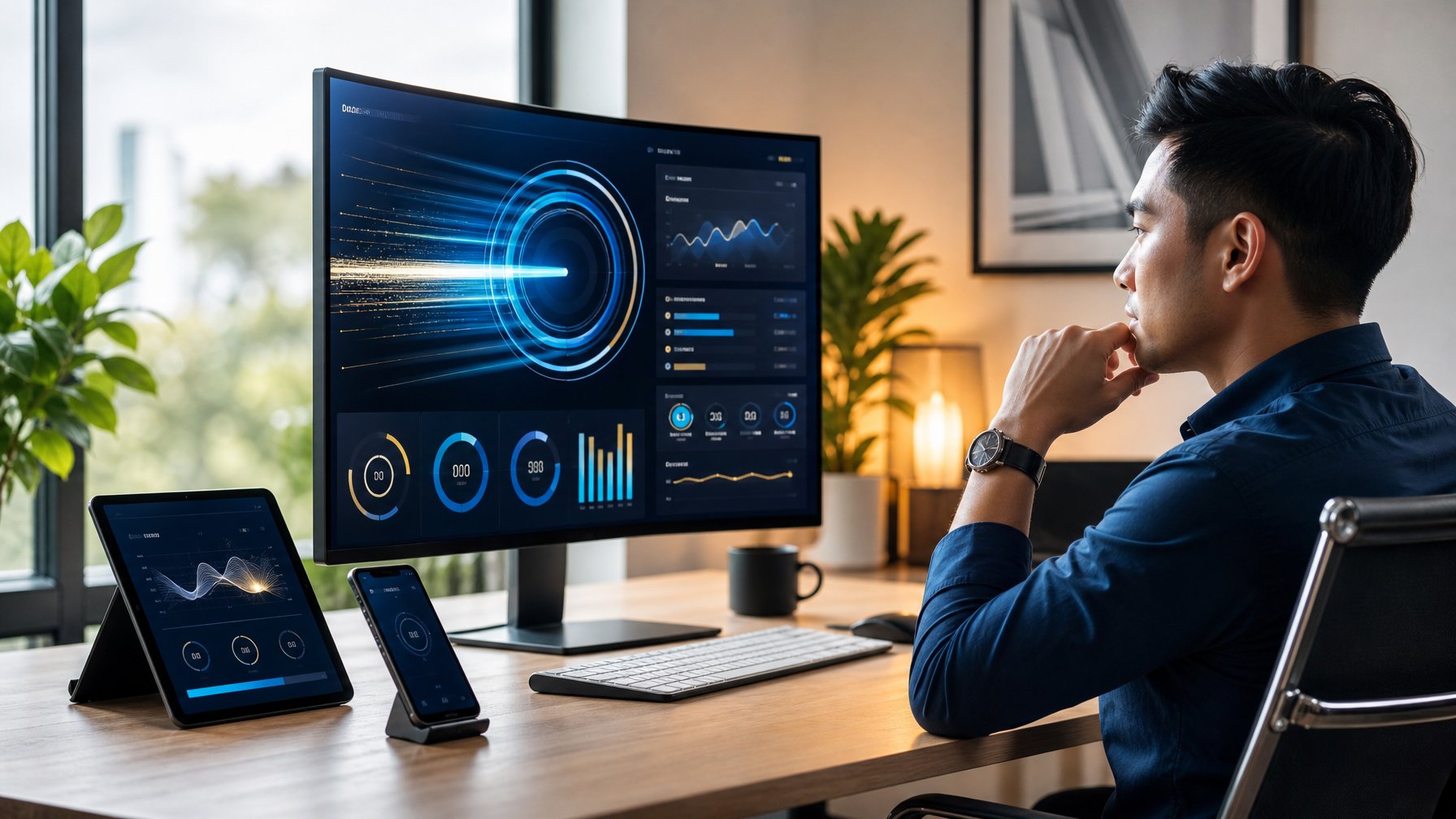 Seseorang mengevaluasi platform digital berkecepatan tinggi di depan monitor dalam ruang kerja modern.