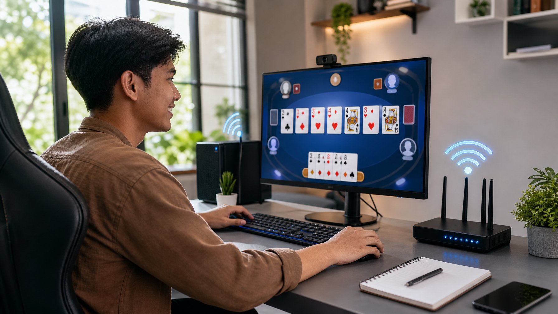 Seorang pemula bermain kartu online di depan komputer dengan koneksi internet yang stabil.