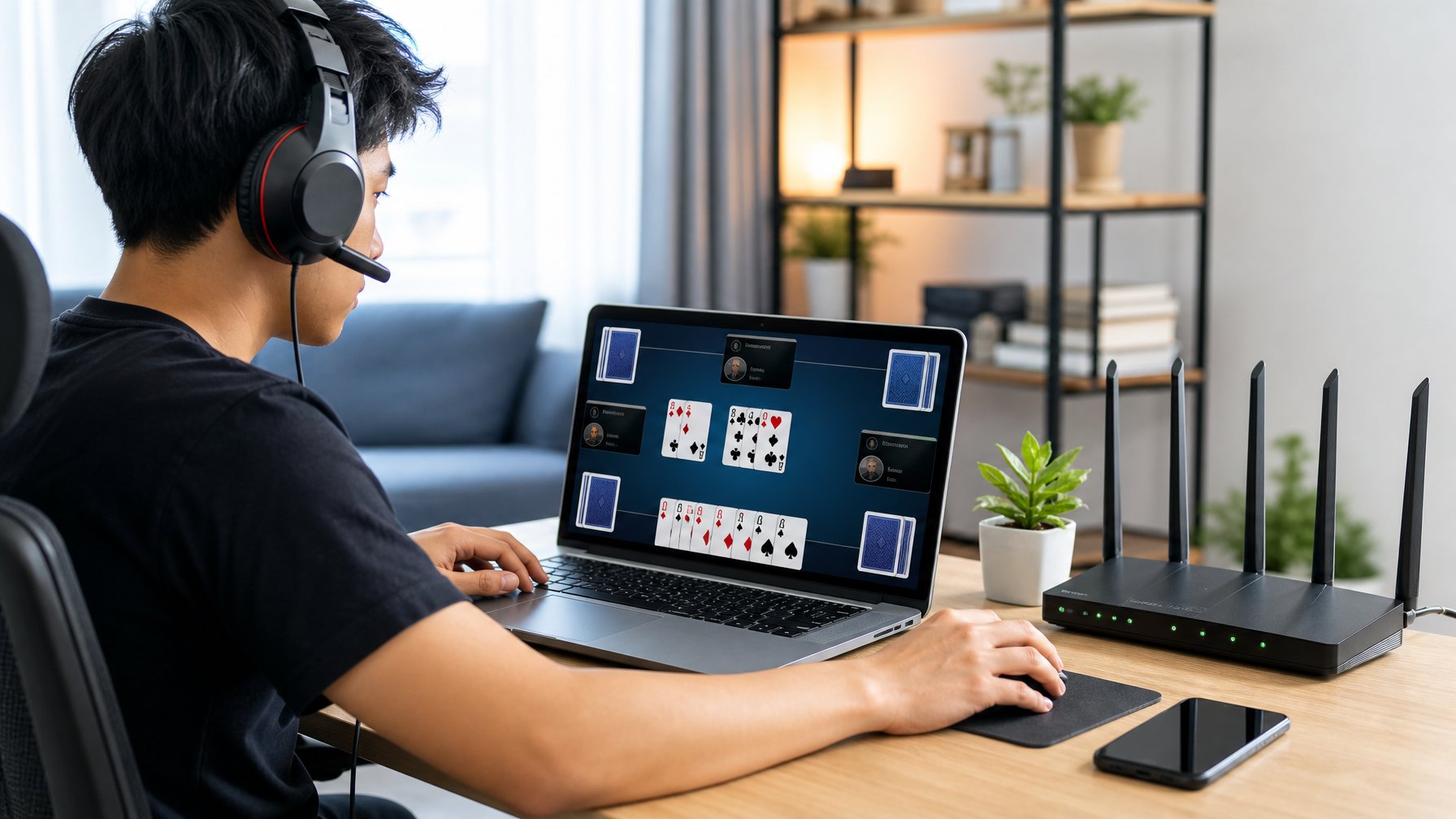 Pemula bermain permainan kartu online di meja kerja dengan laptop, router Wi-Fi, dan kabel yang tertata.