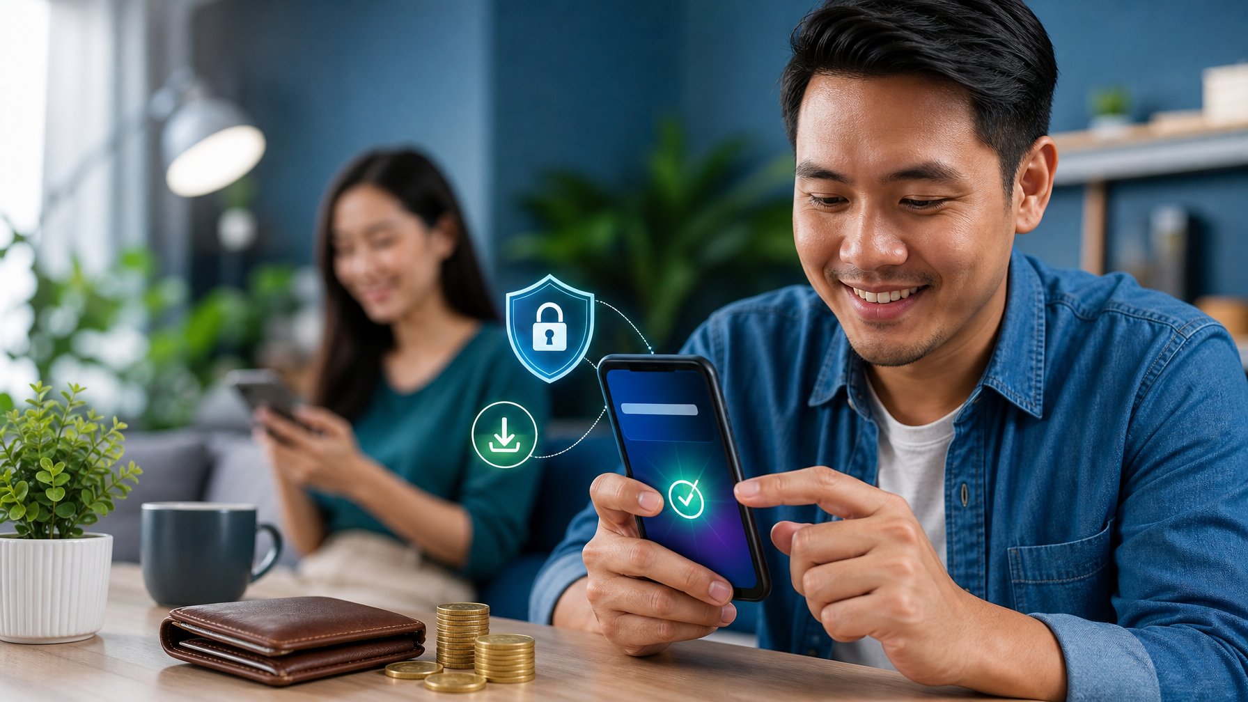 Orang dewasa Indonesia menggunakan ponsel dengan simbol pembayaran digital yang aman di meja kerja modern.