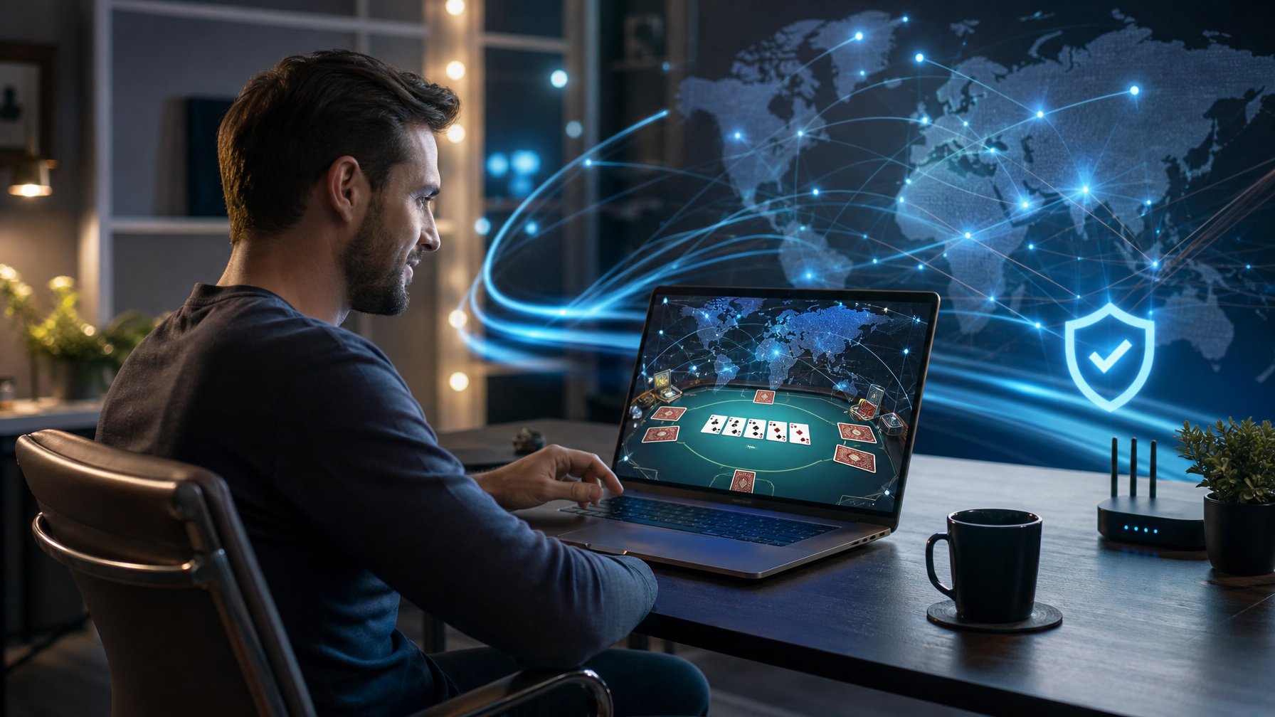 Orang dewasa menggunakan laptop untuk bermain permainan kartu digital dengan latar koneksi global berkecepatan tinggi.