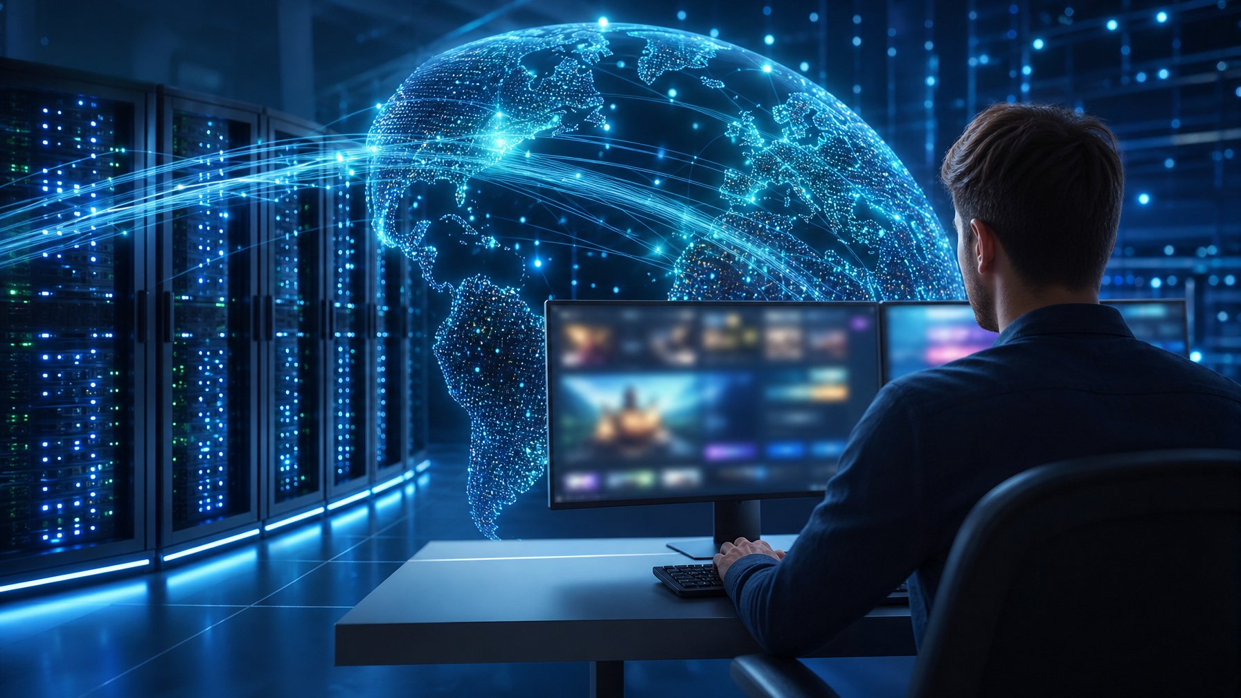 Ruang server modern dengan jaringan data bercahaya yang menghubungkan berbagai wilayah dunia.