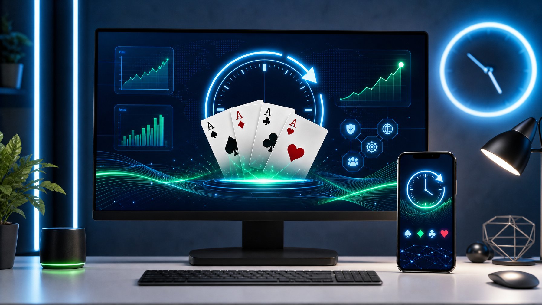 Monitor dan ponsel menampilkan antarmuka permainan kartu digital dengan grafik meningkat dan simbol jam.