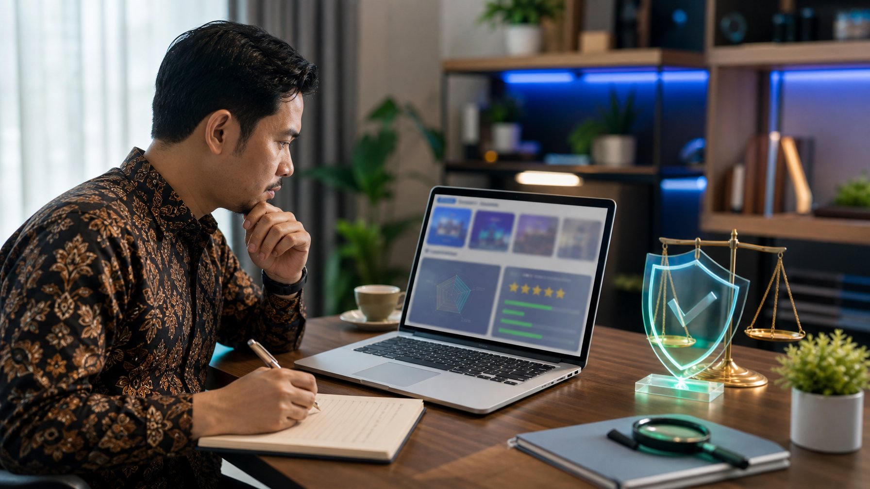 Seseorang meninjau platform permainan daring di laptop dalam ruang kerja modern dengan simbol keamanan dan evaluasi.
