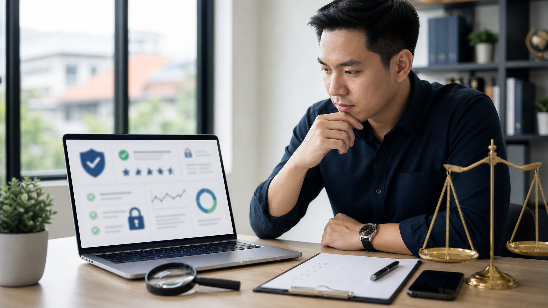 Seseorang menilai kredibilitas platform taruhan daring menggunakan laptop, ponsel, dan simbol verifikasi di meja kerja.