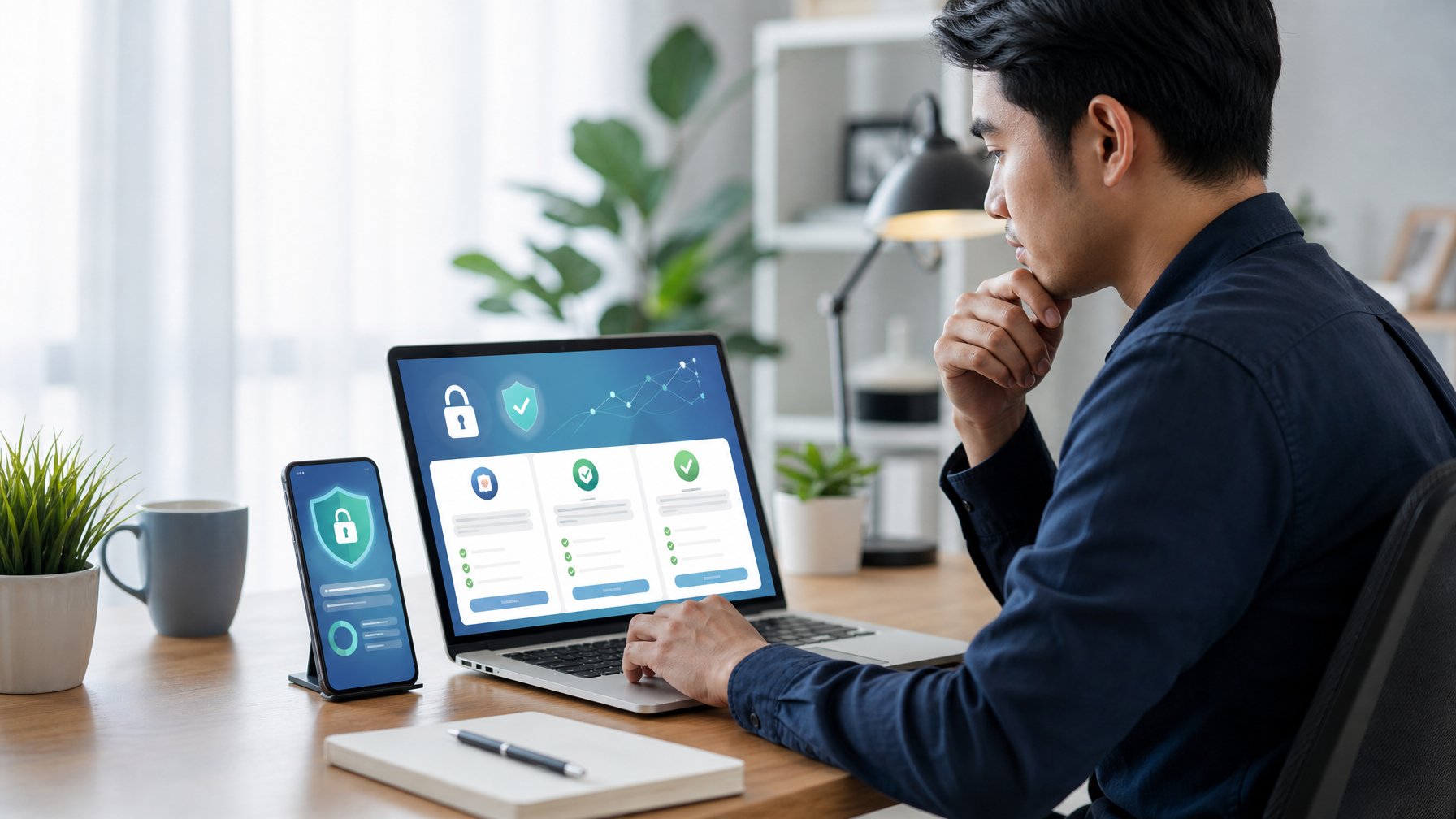 Seseorang membandingkan beberapa platform digital di laptop dengan simbol keamanan dan verifikasi.