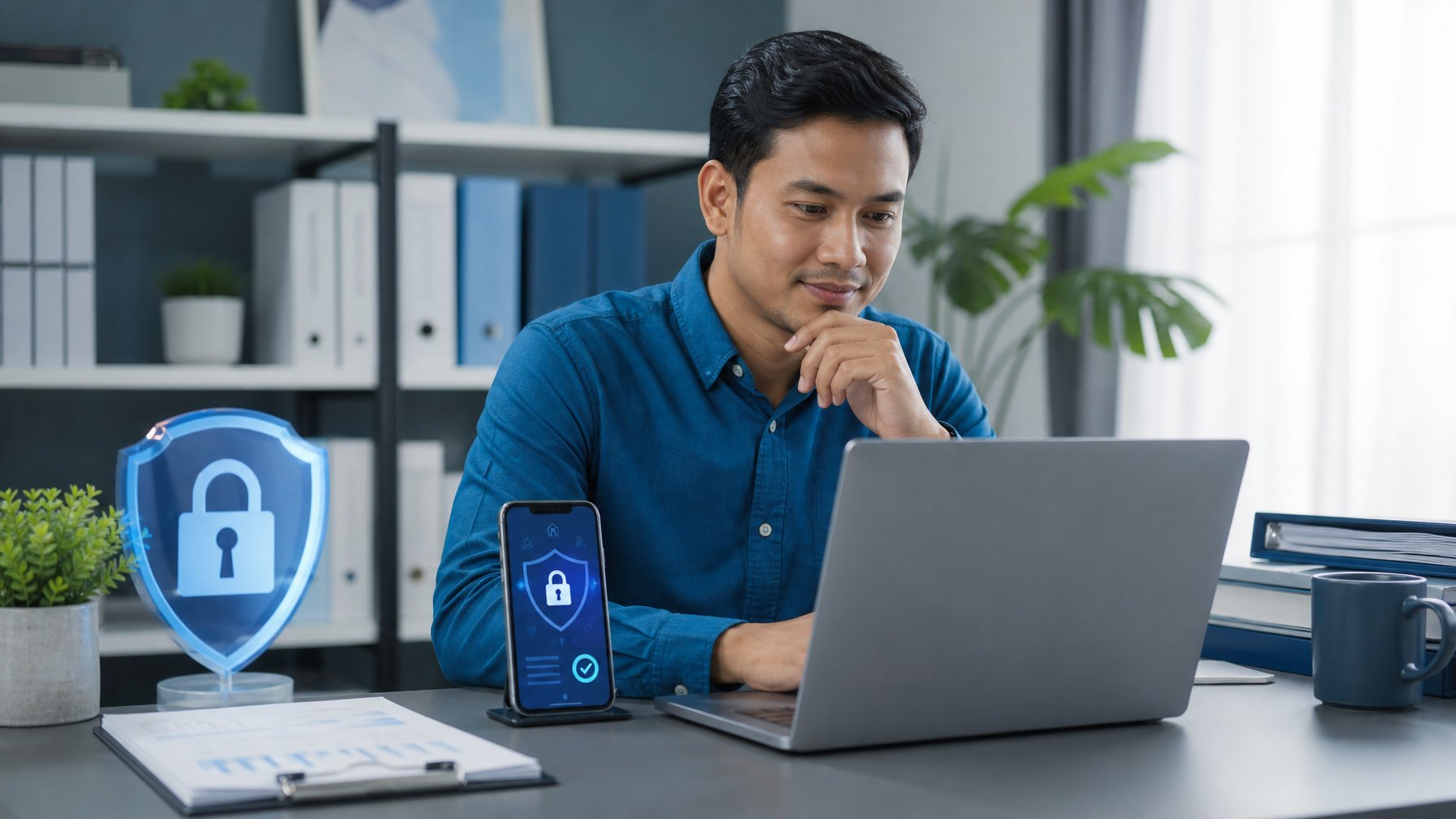 Orang dewasa memeriksa platform digital aman di laptop dengan simbol gembok dan perisai di meja kerja.