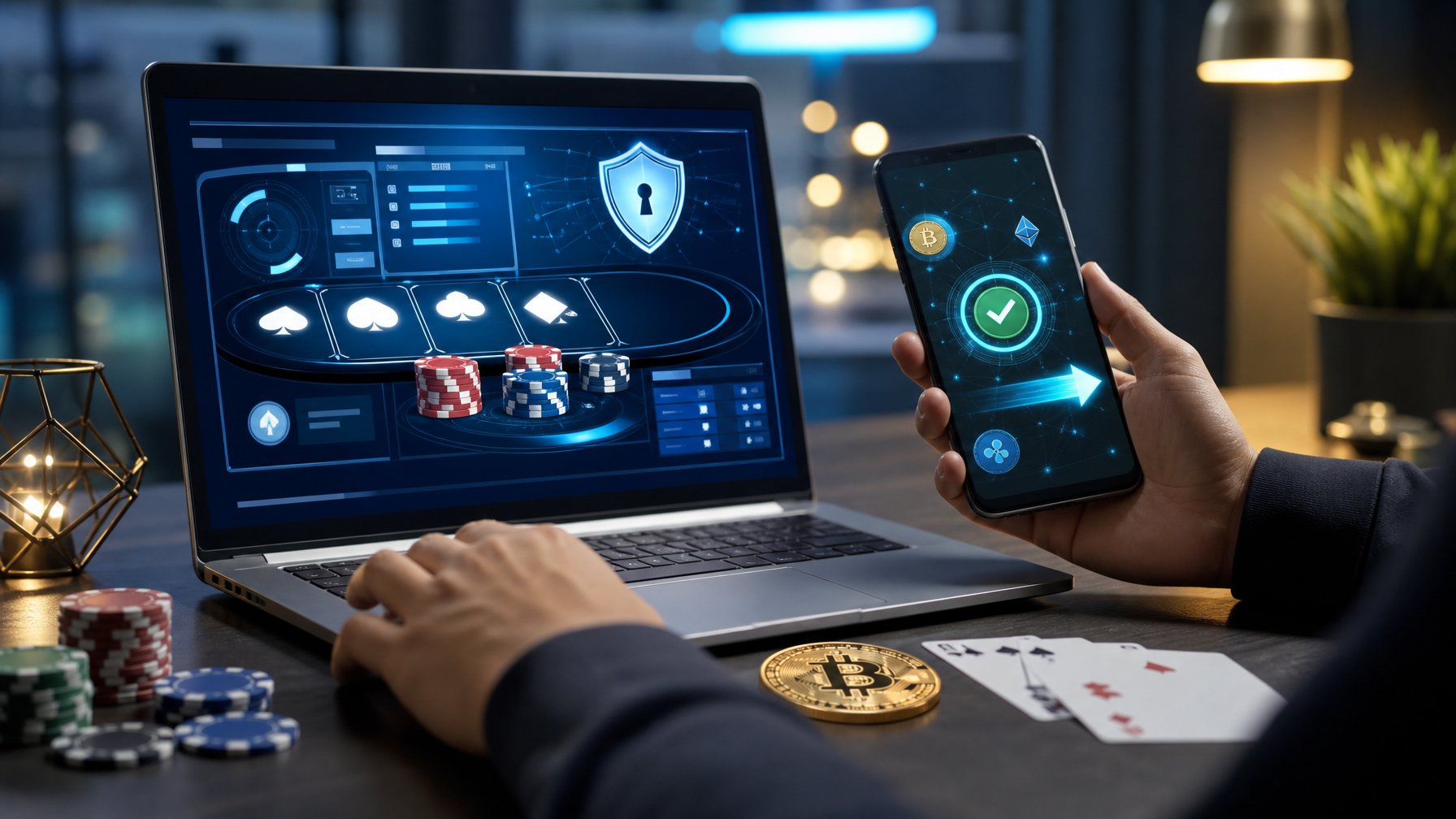 Laptop dan ponsel menampilkan antarmuka poker digital dan transaksi mata uang kripto di atas meja kerja modern.