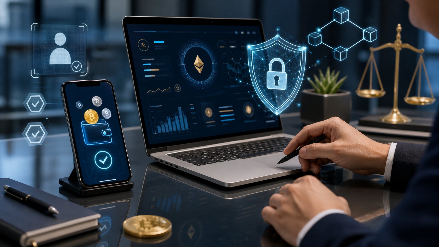Seorang analis meninjau keamanan platform poker online dan transaksi mata uang kripto di meja kerja modern.