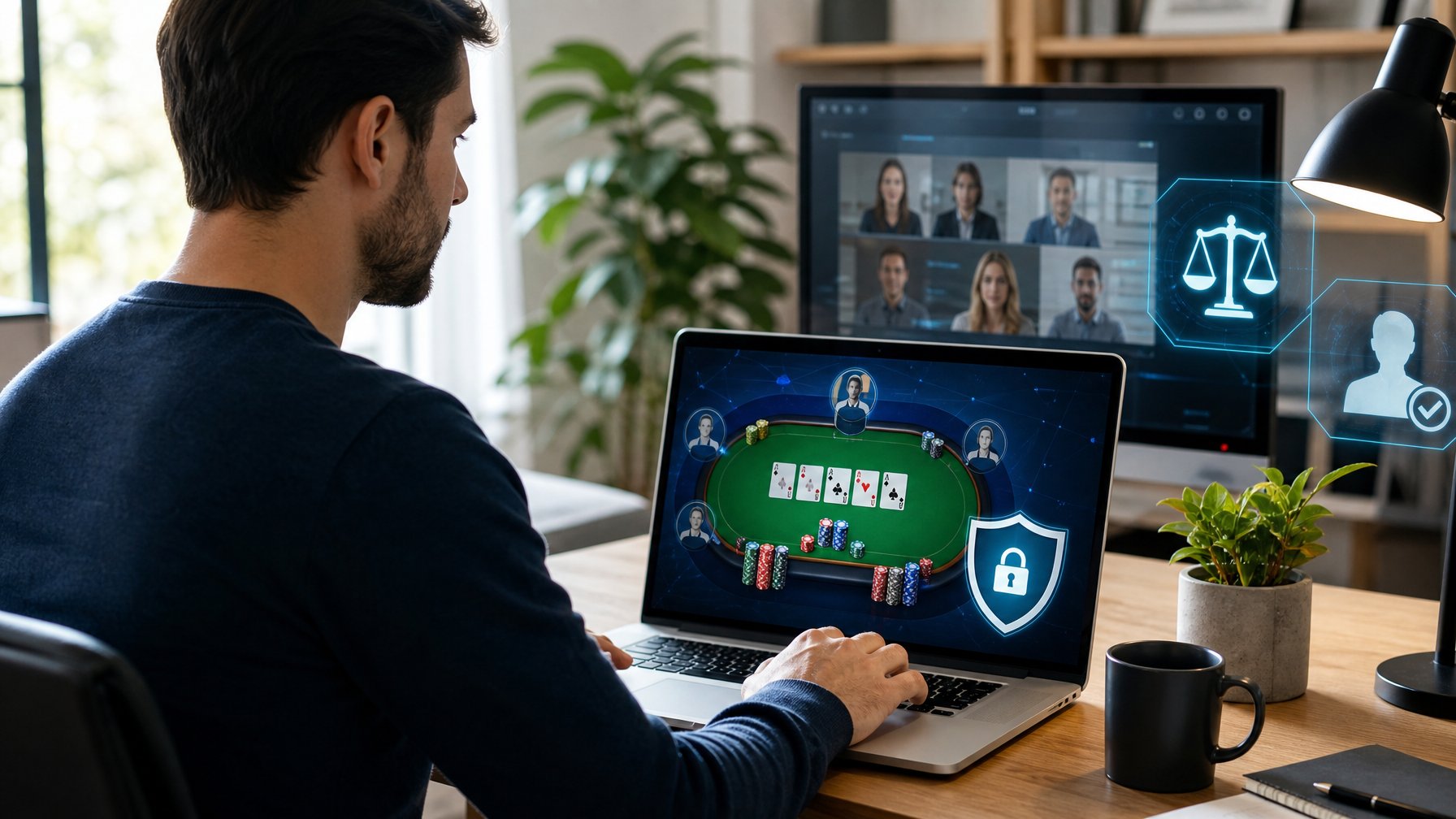 Seseorang menggunakan laptop dengan tampilan permainan poker dan simbol keamanan serta keadilan.