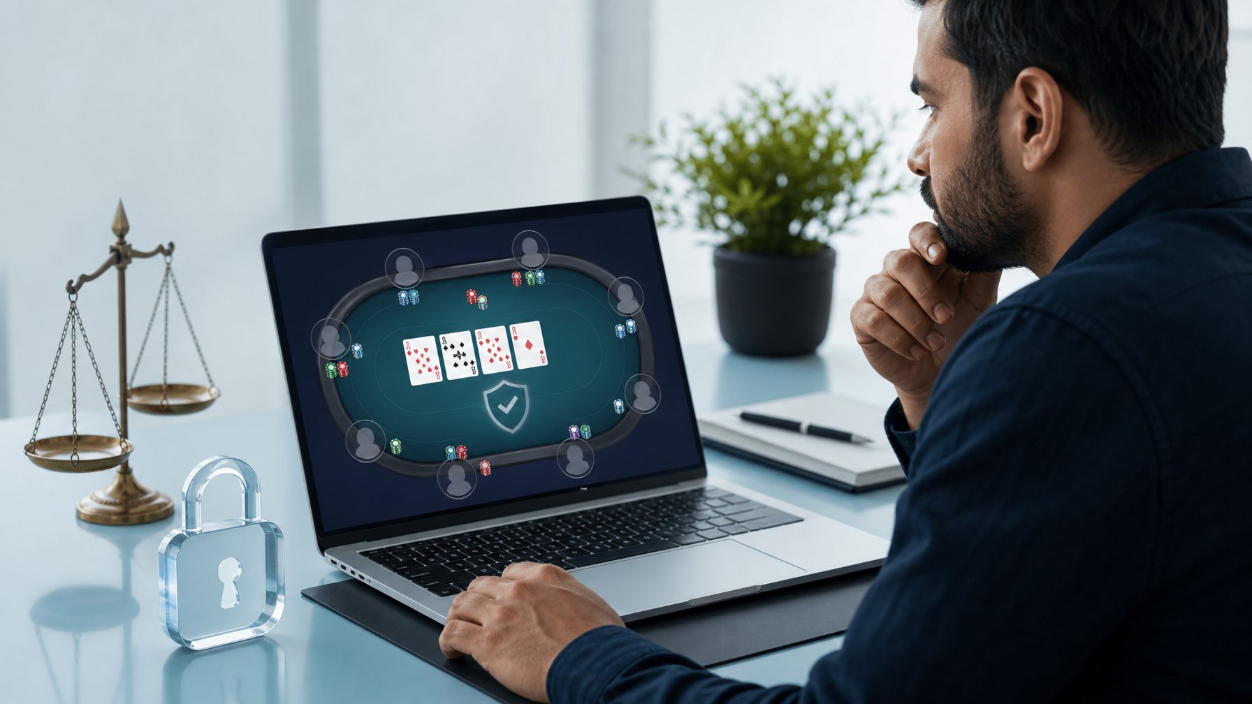 Seseorang meninjau platform poker daring di laptop dengan simbol keamanan, legalitas, dan keadilan di meja kerja.