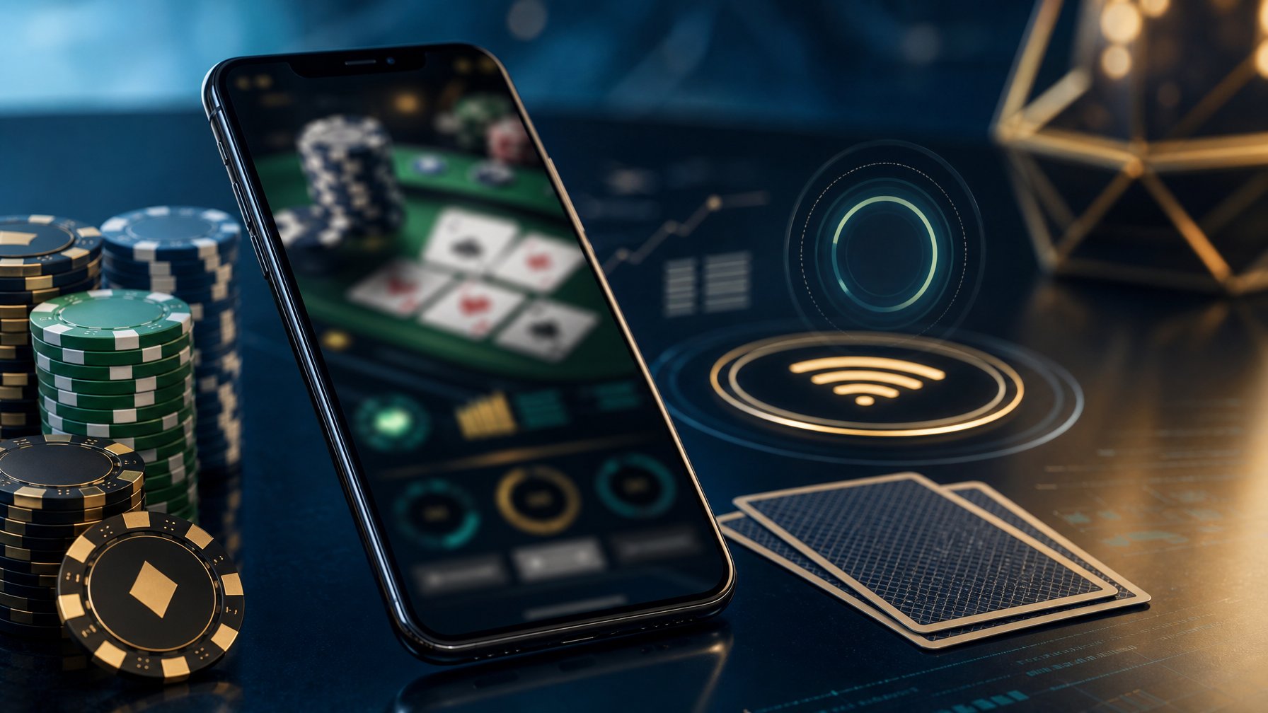 Ponsel dengan tampilan permainan poker abstrak dikelilingi keping poker dan kartu di atas permukaan modern.