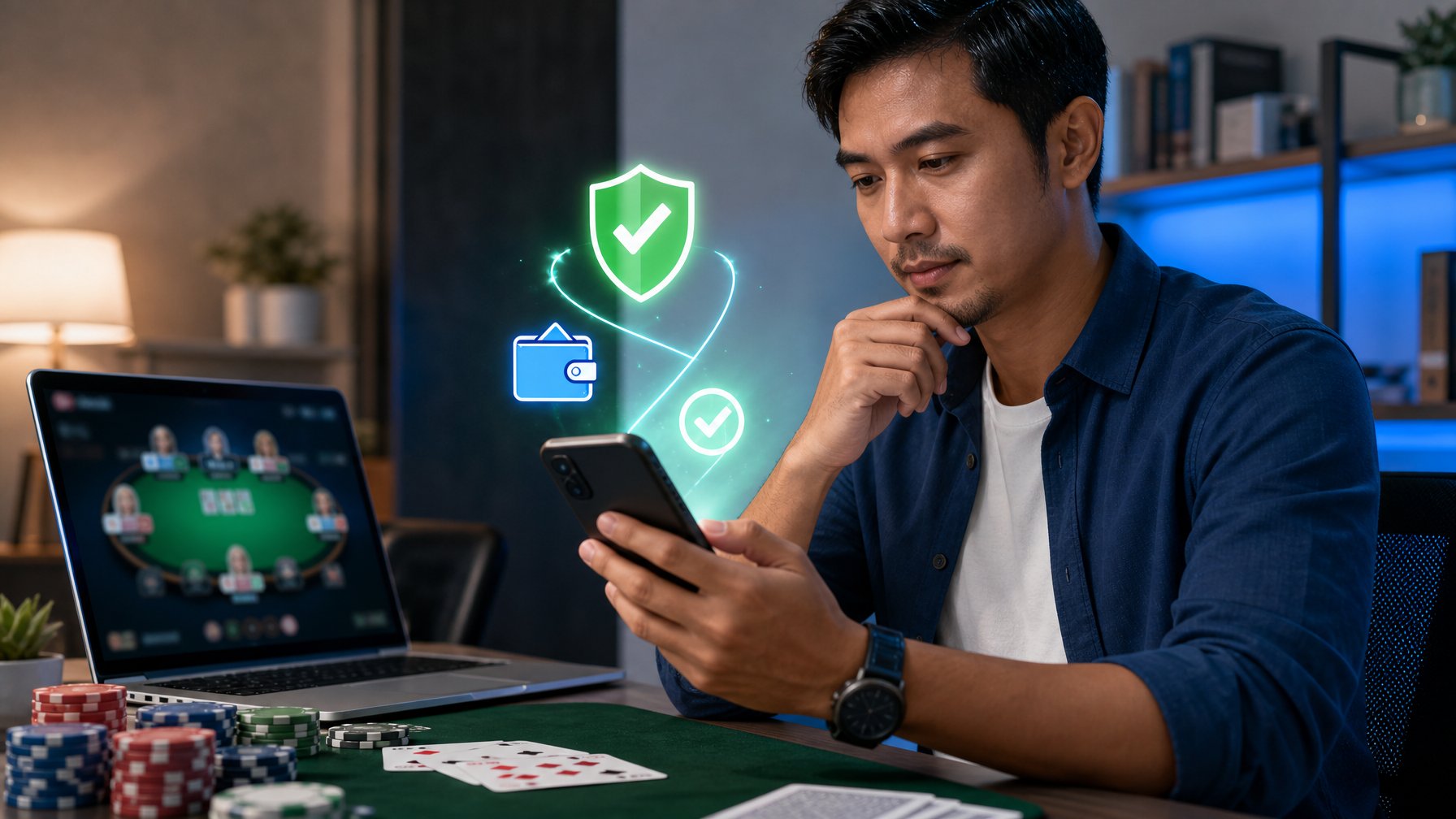 Seseorang membandingkan platform poker di ponsel dan laptop dengan kartu remi, chip poker, serta simbol keamanan dan pembayaran digital.