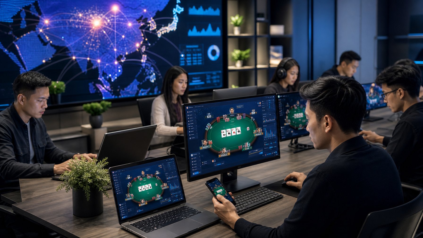 Pemain dewasa Asia mengikuti permainan poker online melalui berbagai perangkat dalam suasana ruang kerja modern.