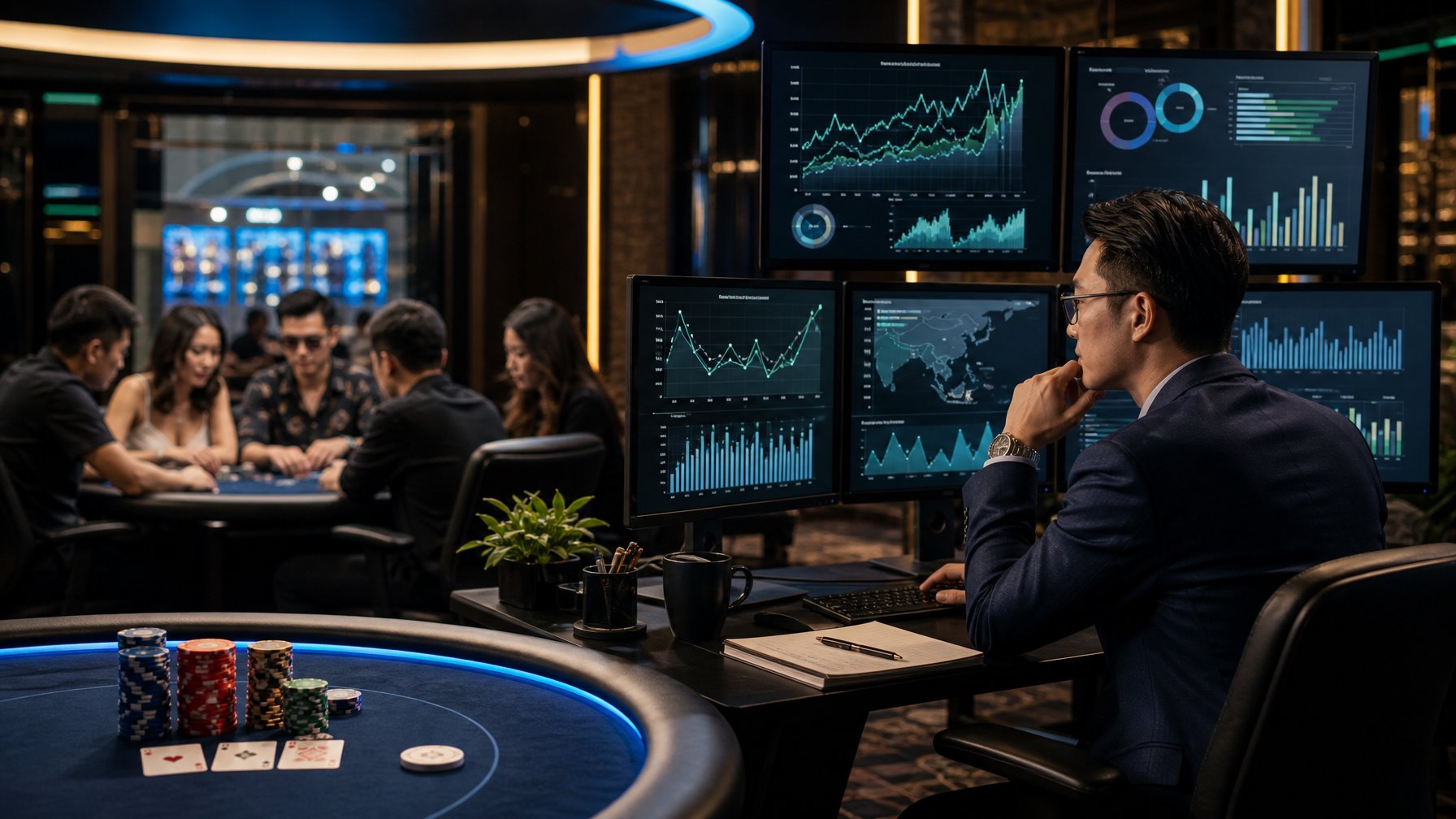 Analis meninjau data platform poker dengan meja poker dan pemain Asia di latar belakang.