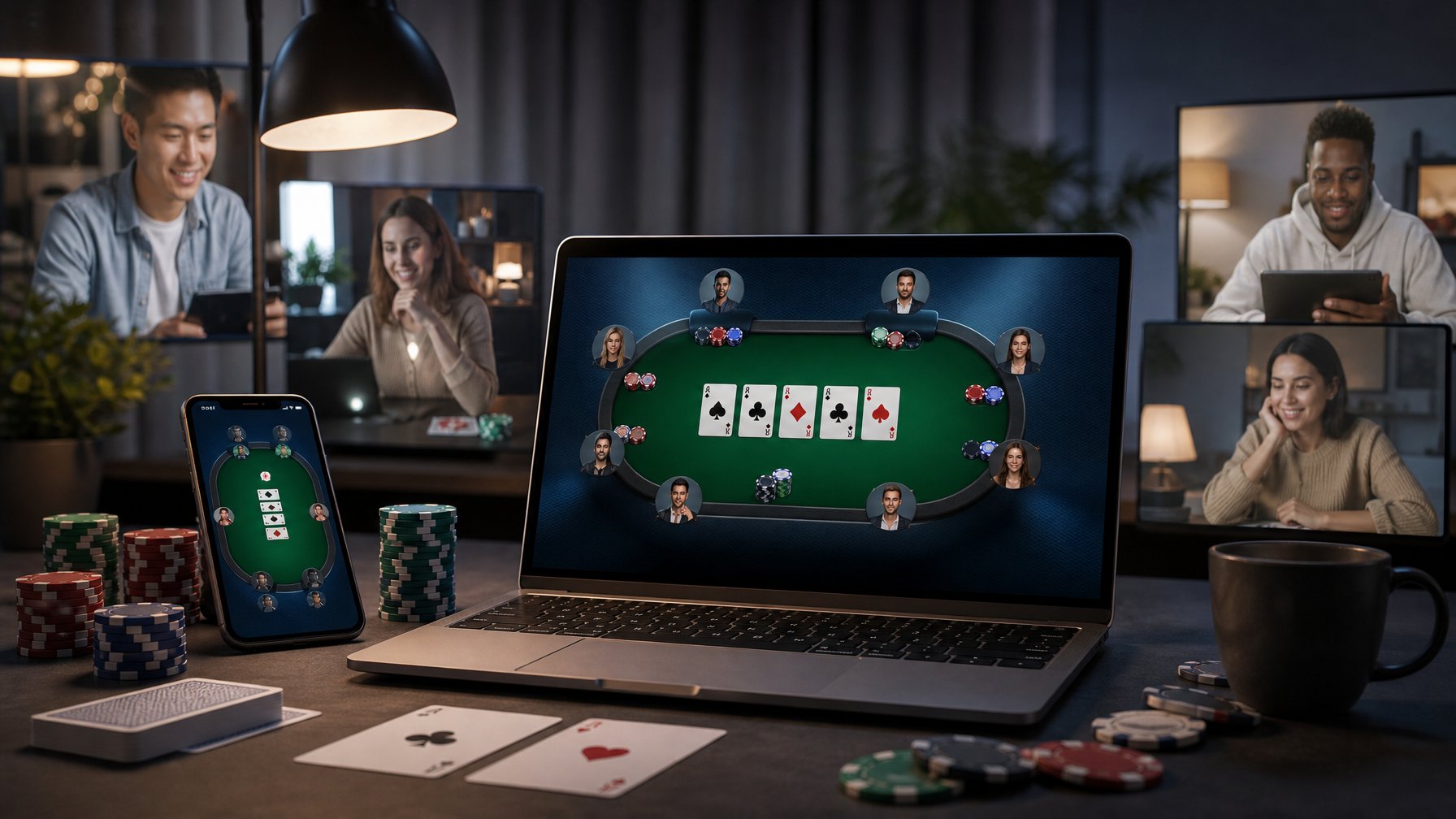 Meja kerja modern dengan laptop, kartu poker, keping poker, dan ponsel yang menampilkan suasana turnamen poker online.