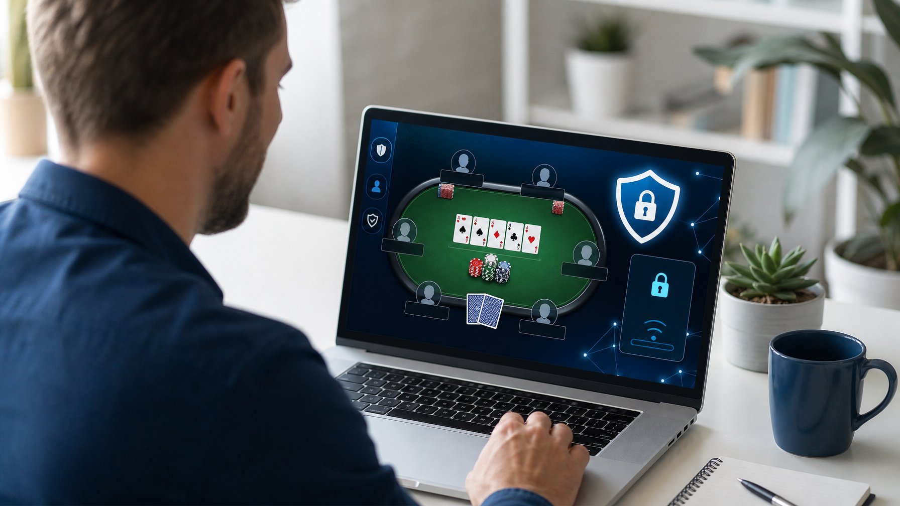 Seseorang meninjau platform poker daring dengan tampilan kartu, chip, dan simbol keamanan di laptop.