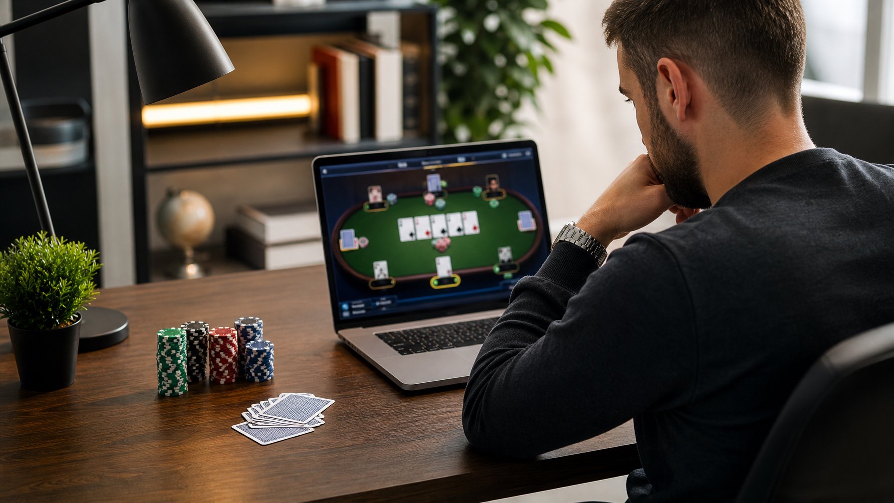 Seorang pemain dewasa mempelajari permainan poker online di laptop dengan kartu dan tumpukan chip di meja.