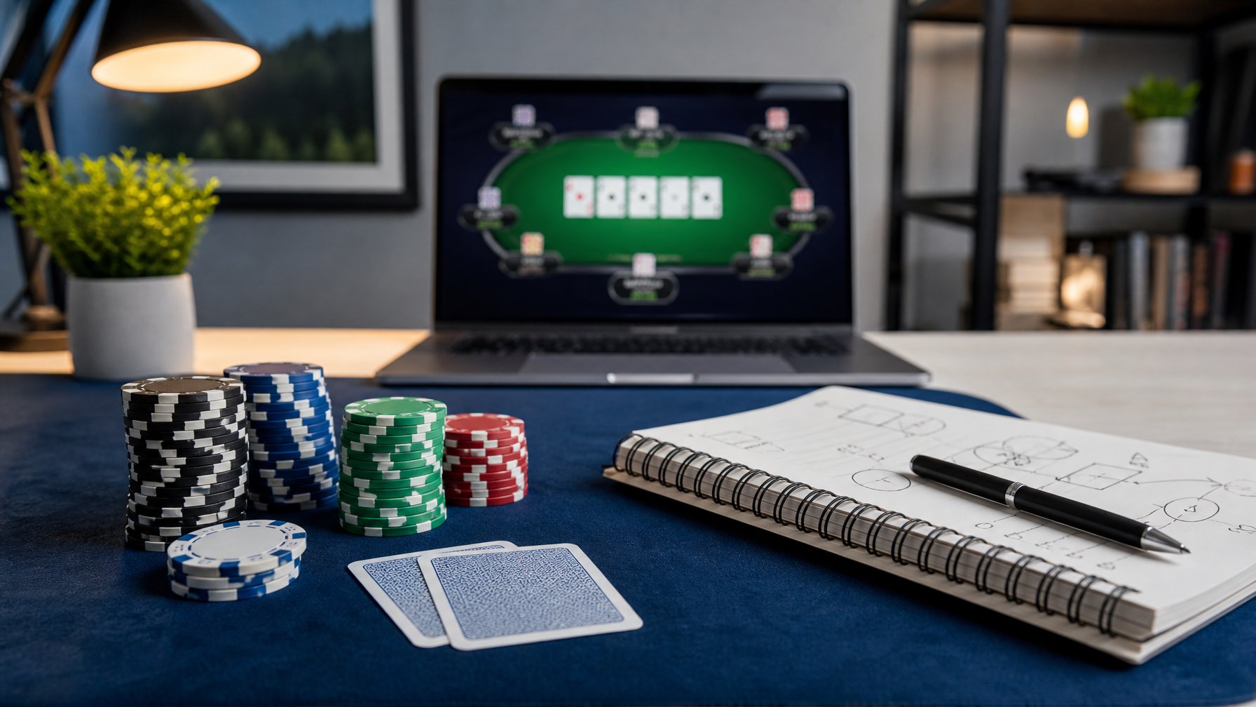 Meja kerja dengan laptop berisi tampilan poker yang disamarkan, kartu tertutup, keping poker, dan catatan strategi.