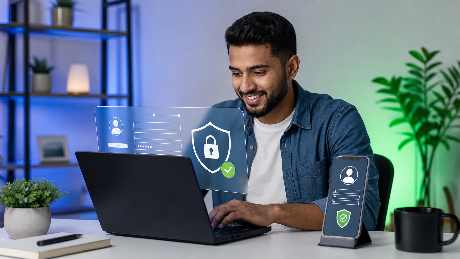 Orang dewasa menggunakan laptop untuk mendaftarkan akun daring dengan simbol keamanan di ruang kerja modern.