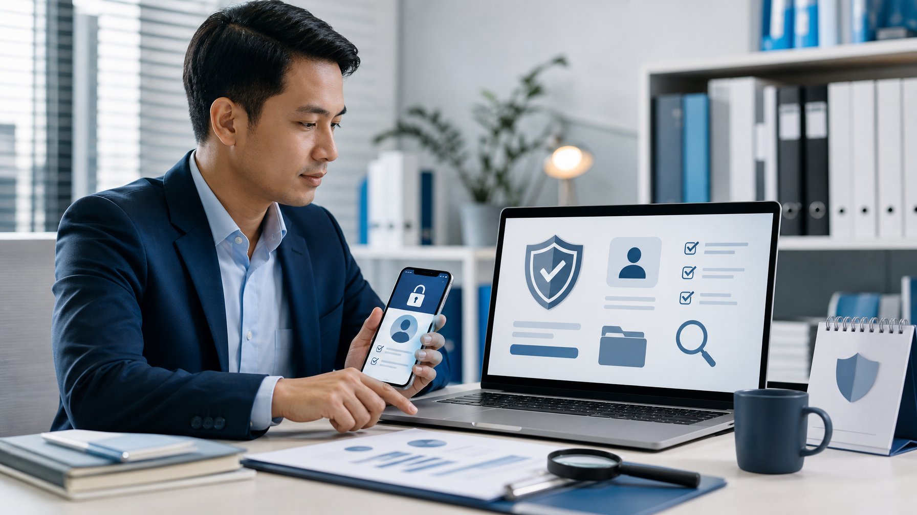 Seorang profesional memeriksa proses verifikasi akun platform daring di laptop dan ponsel dalam ruang kerja modern.