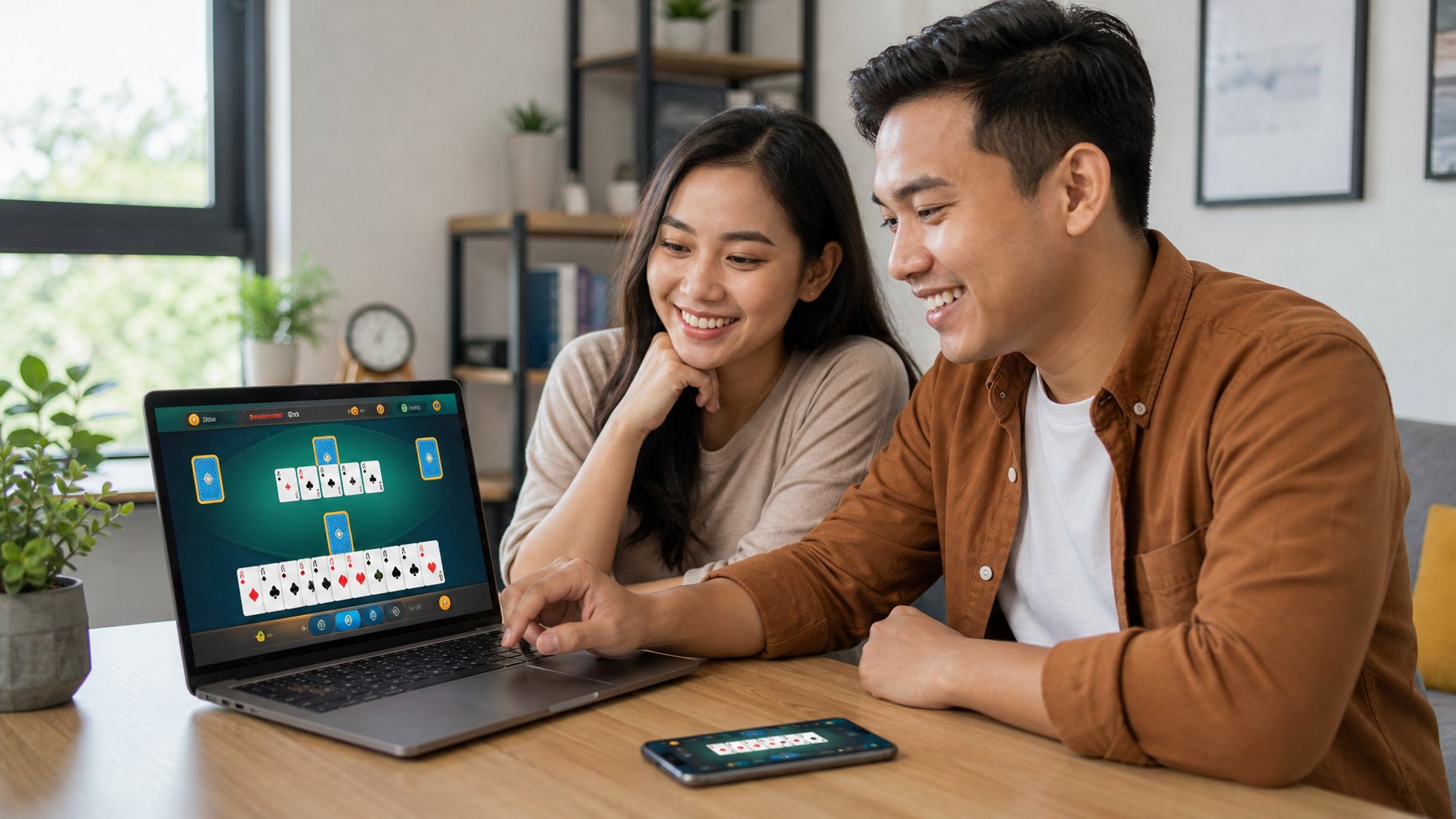 Dua orang dewasa muda bermain permainan kartu online menggunakan laptop dan ponsel di ruang rumah yang nyaman.