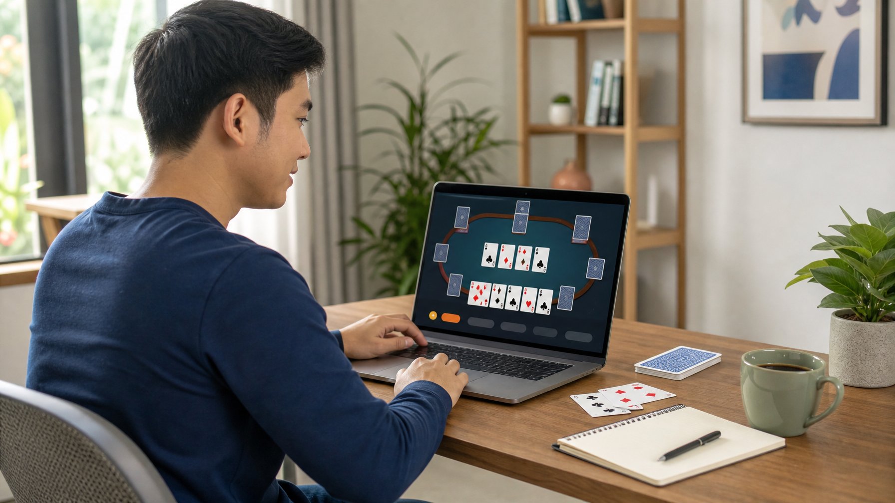 Pemula mempelajari permainan kartu online di laptop dengan kartu dan buku catatan di meja.