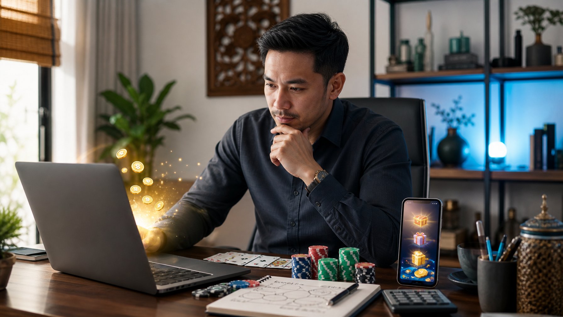 Seorang pemain dewasa mempelajari permainan kartu digital di meja kerja dengan kartu, keping permainan, kalkulator, dan simbol hadiah di sekitarnya.