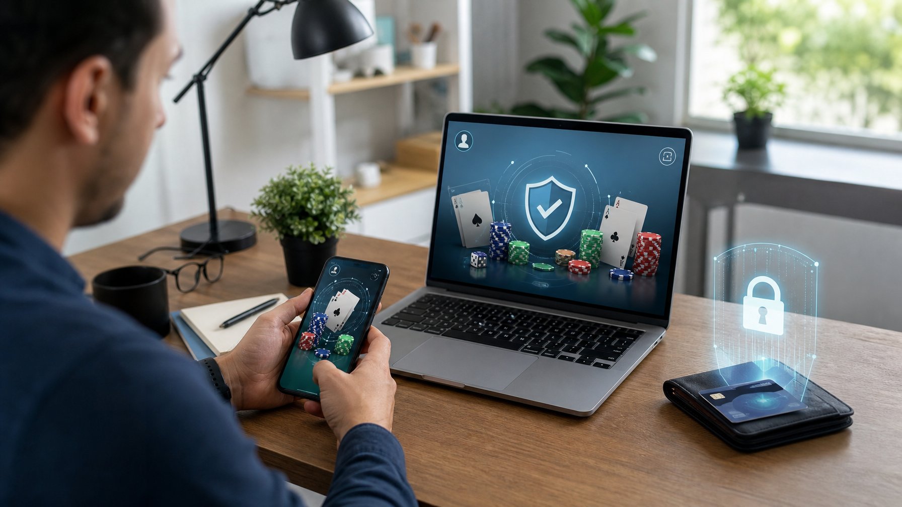 Orang dewasa meninjau platform permainan daring yang aman pada laptop dan ponsel dengan simbol perisai.