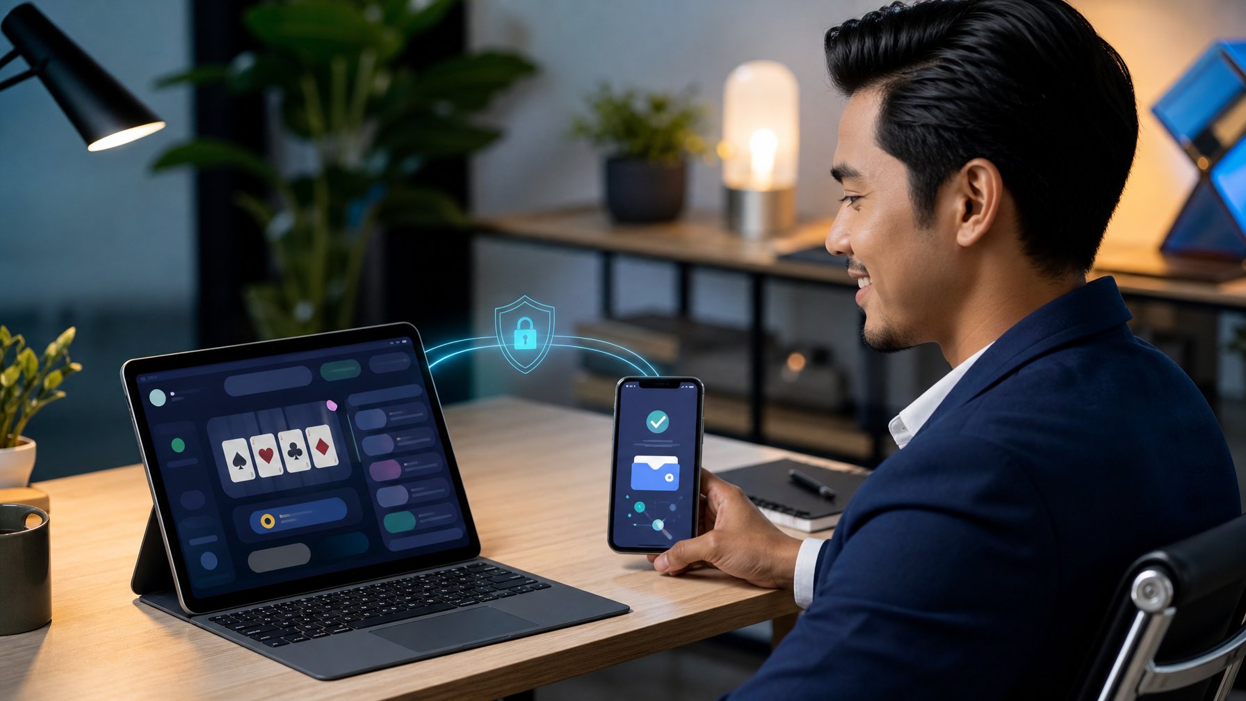 Orang dewasa menggunakan laptop dan ponsel dengan tampilan digital abstrak di meja kerja modern.