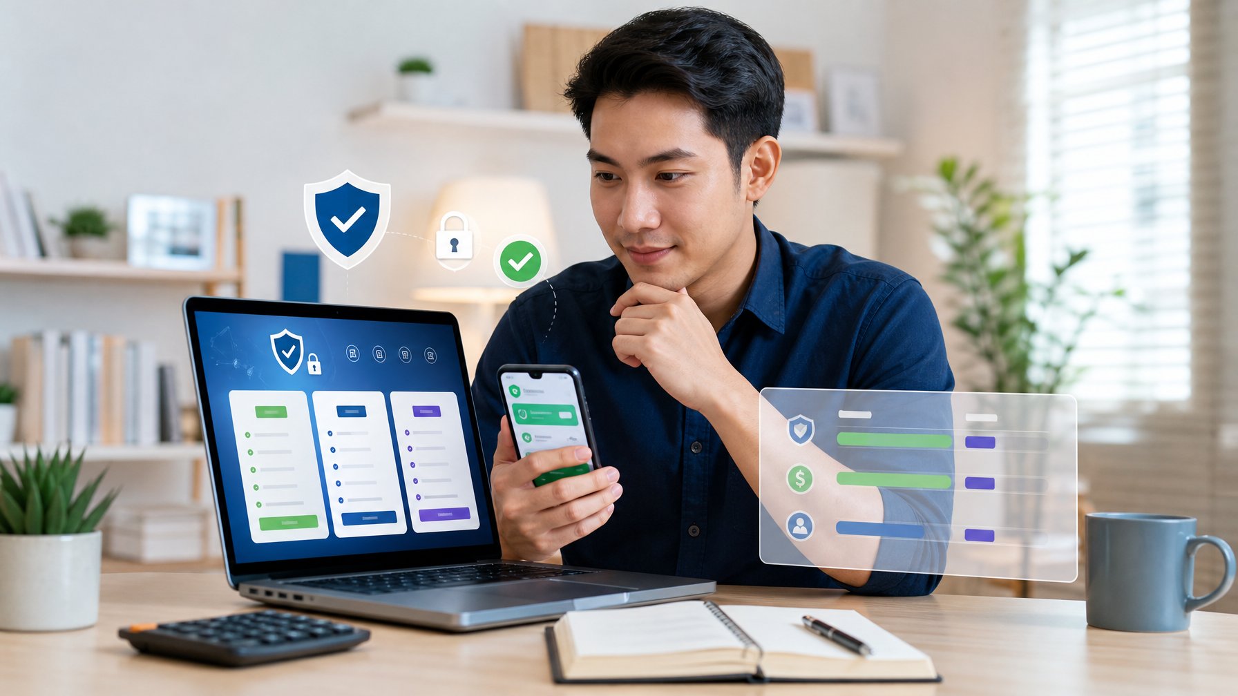 Pengguna Indonesia membandingkan platform permainan kartu online yang aman melalui laptop dan ponsel di ruang kerja modern.